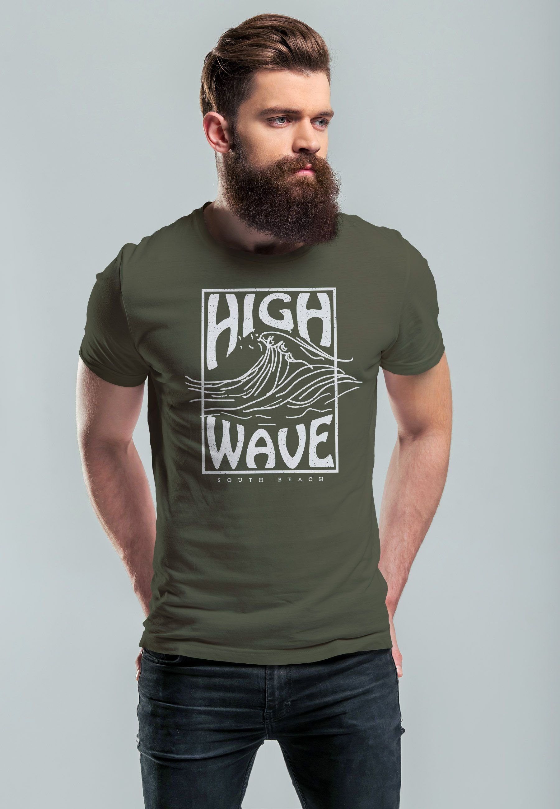 Neverless Print-Shirt Herren T-Shirt Logo Print High Wave Art Welle Line Surfing mit Schrift Aufdruck army