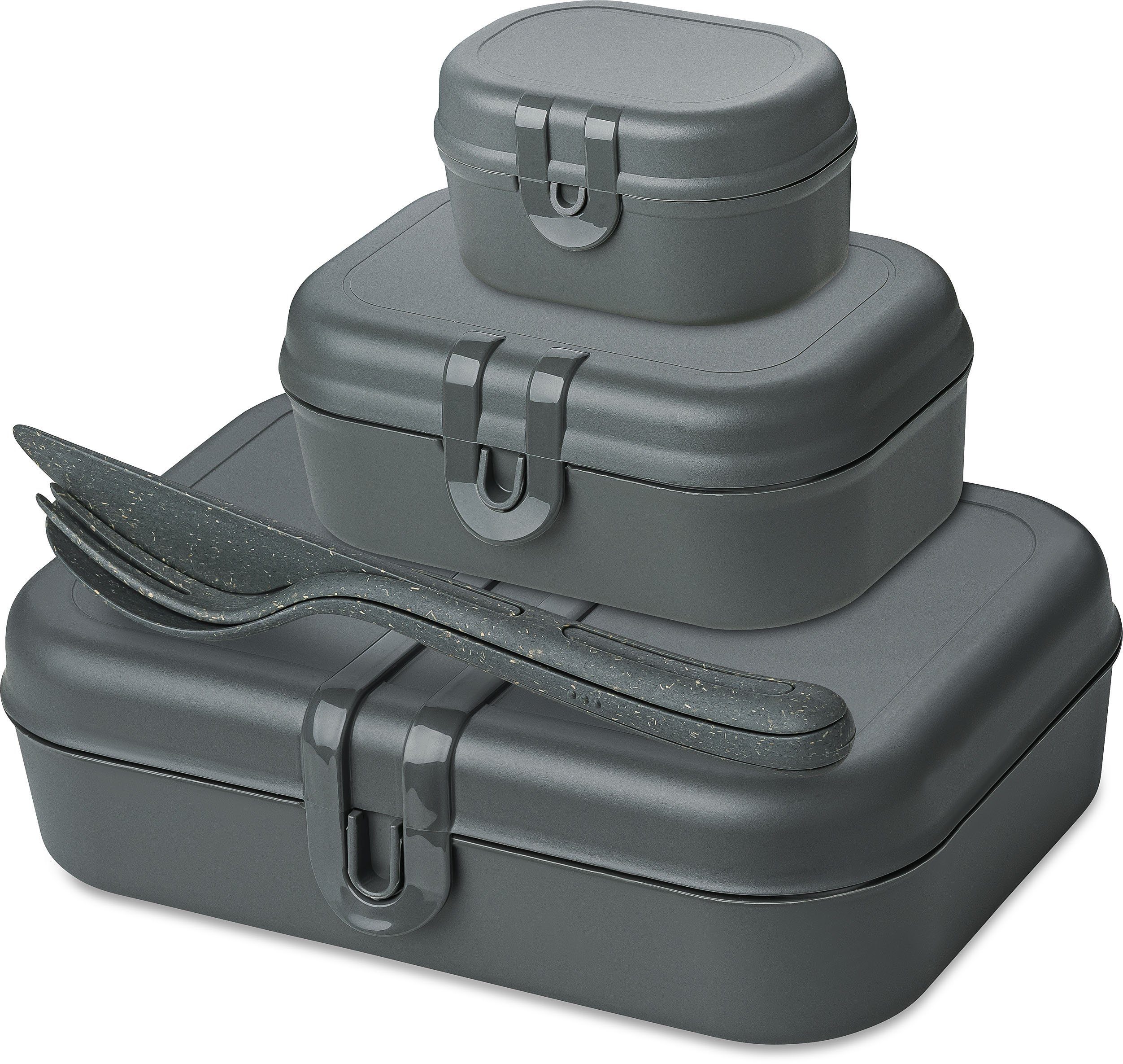 KOZIOL Lunchbox, Kunststoff, (Set, 6-tlg., 3 Lunchboxen +1 Besteckset bestehend aus 1x Messer,1x Gabel, 1x Löffel), biozirkulärem Material,spülmaschinengeeignet,melaminfrei,recycelbar
