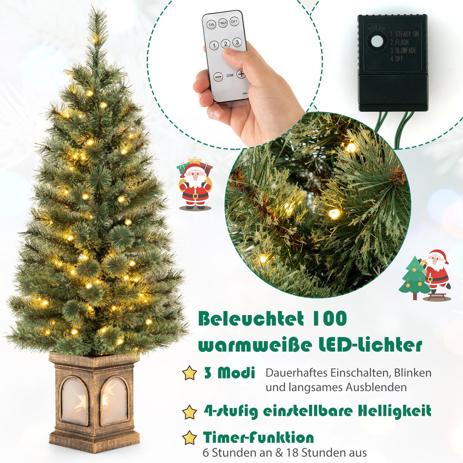 COSTWAY Künstlicher Weihnachtsbaum 120 cm Tannenbaum im Topf, 120cm im Topf, 116 Spitzen, 3 Lichtmodi – Bild 4 von 5