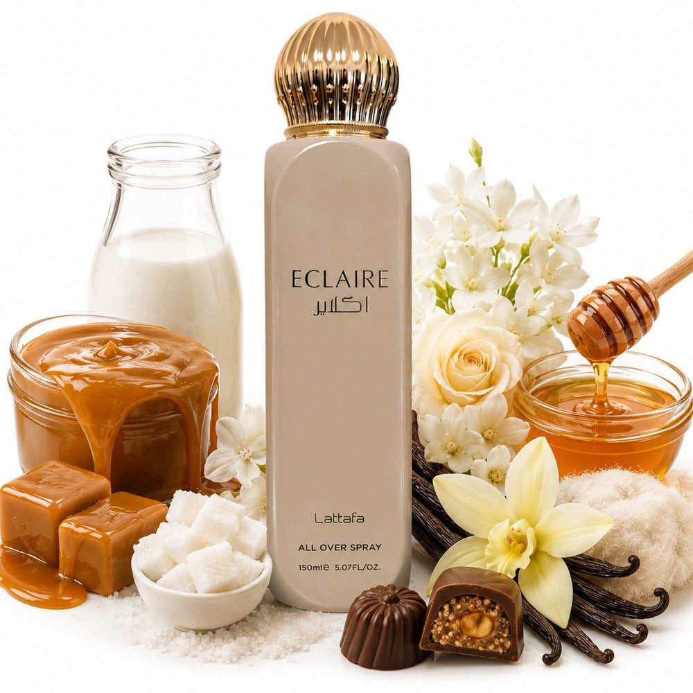 Lattafa Duft-Set Eclaire All Over Spray 150ml Süßer Gourmand + Parfümzerstäuber leer