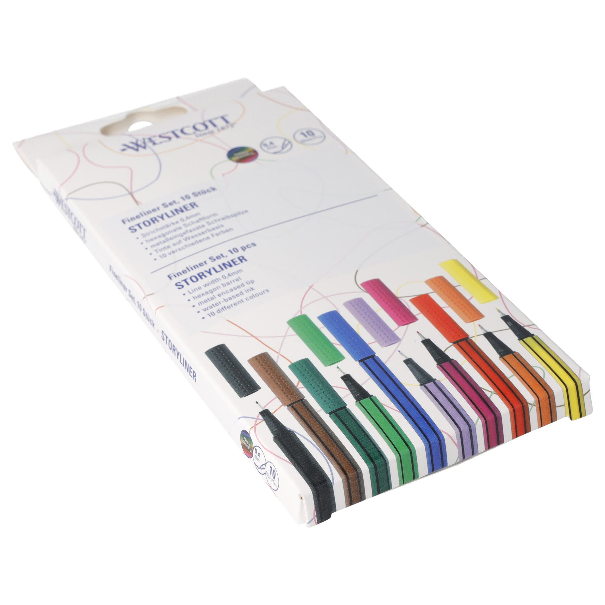 WESTCOTT Fineliner STORYLINER Finelinerset Mix 10 Stück, 0,4mm Strichstärke, (Vorteilspack, 10-tlg), Präzise Strichführung, metalleingefasste Spitze, schnelltrocknend