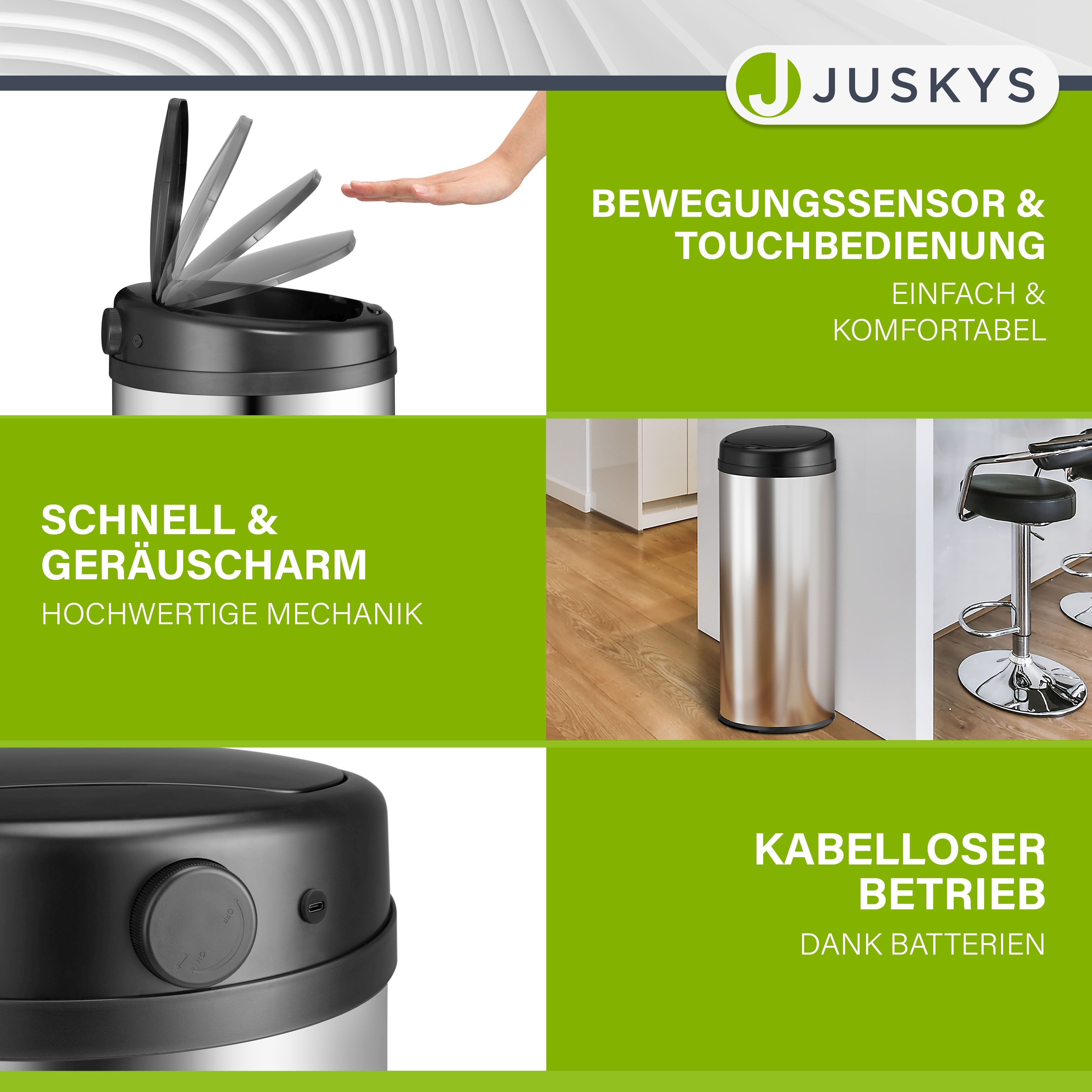 Juskys Mülleimer, 50 L Volumen, mit Sensor, geräuscharmes Öffnen / Schließen, rostfrei
