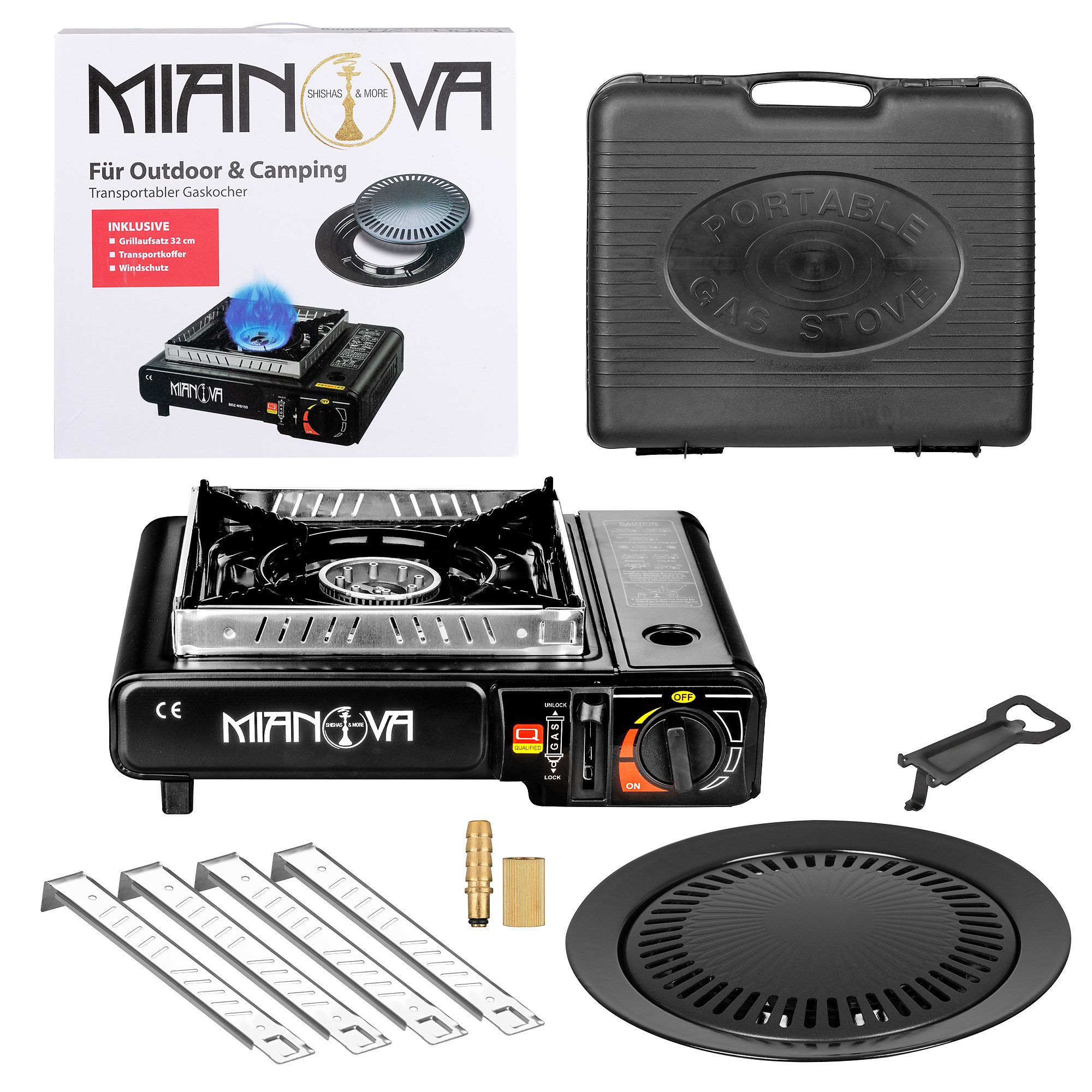 Mianova Camping-Gasgrill Campingkocher 1 flammig Set Outdoor Gaskocher Notfallkocher Gas Kocher, 2 in 1 LPG-Anschluss, Grillplatte, Koffer, Windschutz Optional mit Gas, BBQ Grill Tisch Herd Gasgrill für Gaskartuschen Kartuschen Gasflasche