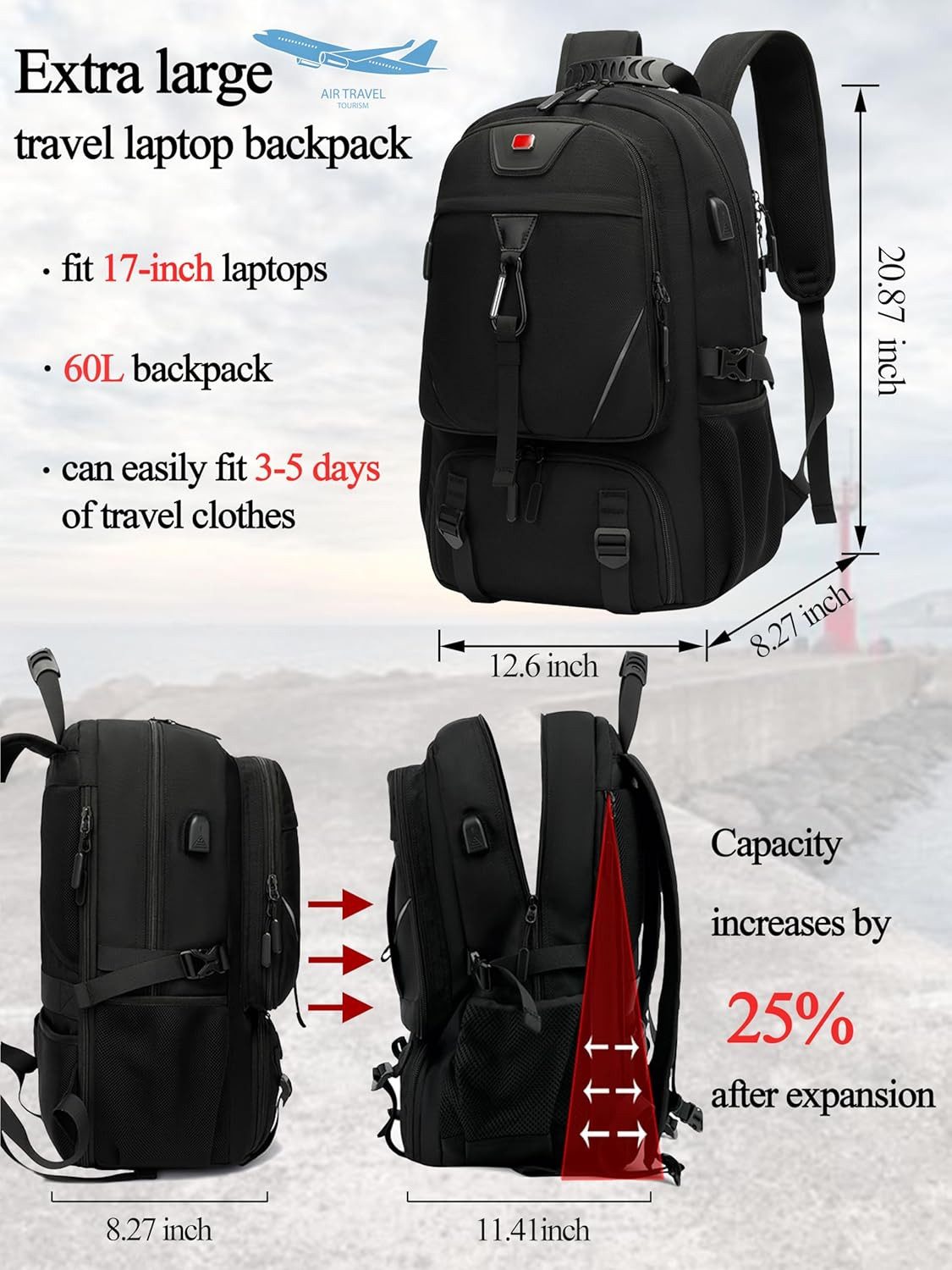 AURIVION Notebook-Rucksack Rucksack Laptoprucksack Rucksack Schulrucksack Wasserbeständig mit USB (Set, 1-tlg., insgesamt 9 Taschen, ermüdungsfreies Tragen), 60 Liter, 2 reflektierende Streifen), mit separates Schuhfach