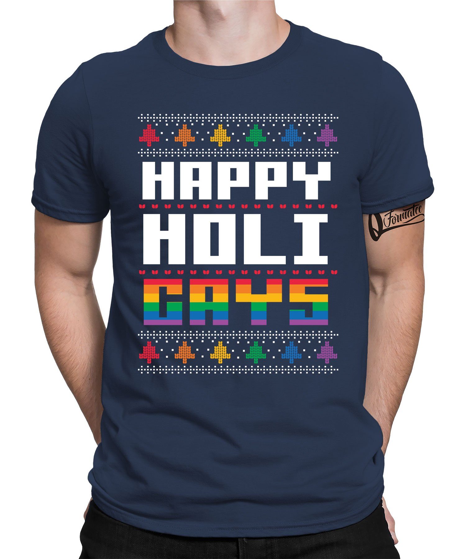 Quattro Formatee Kurzarmshirt (1-tlg) Blau Christmas Weihnachten Regenbogen Weihnacht Gays X-mas Gay - Navy Happy LGBT
