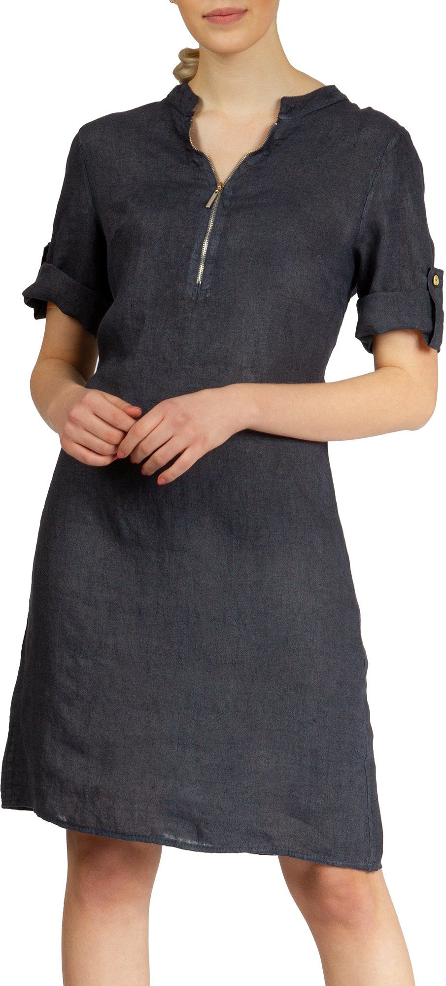 Caspar Sommerkleid SKL037 knielanges Damen Leinenkleid mit Reißverschluss Ausschnitt Luftig leicht, figurumspielende Form, mit seitlichem Jersey-Einsatz