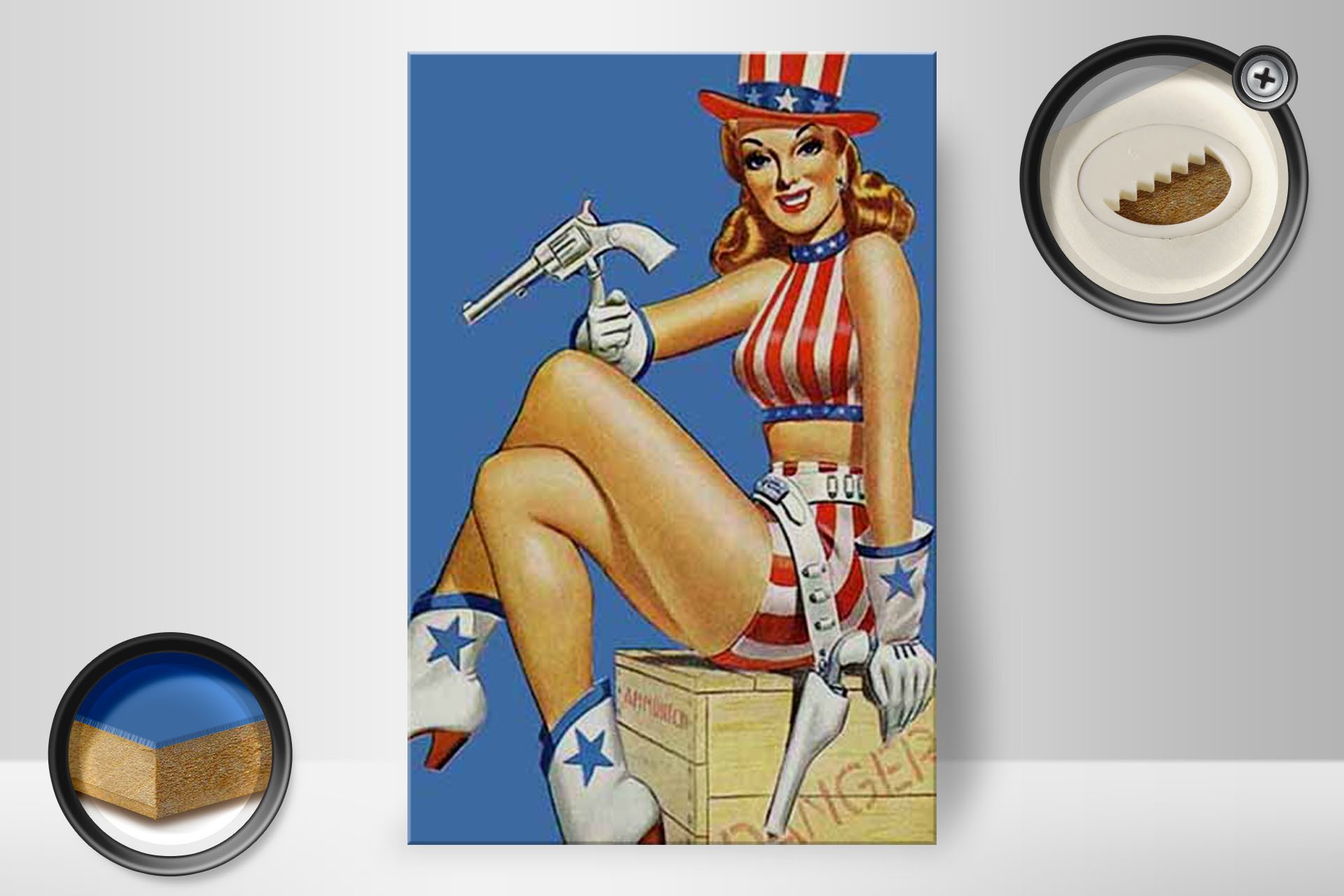 Femer GmbH Holzbild Pin Up 20x30cm danger Cowgirl USA Pistole, Waffen (1 St), Glatte Holzfaserplatte (MDF), vorn beschichtet