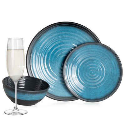 Moritz Geschirr-Set Camping Geschirr Stone Blue, Melamin, 12 - 28 tlg, Geschirrset Campinggeschirr Picknick Set 4 Personen