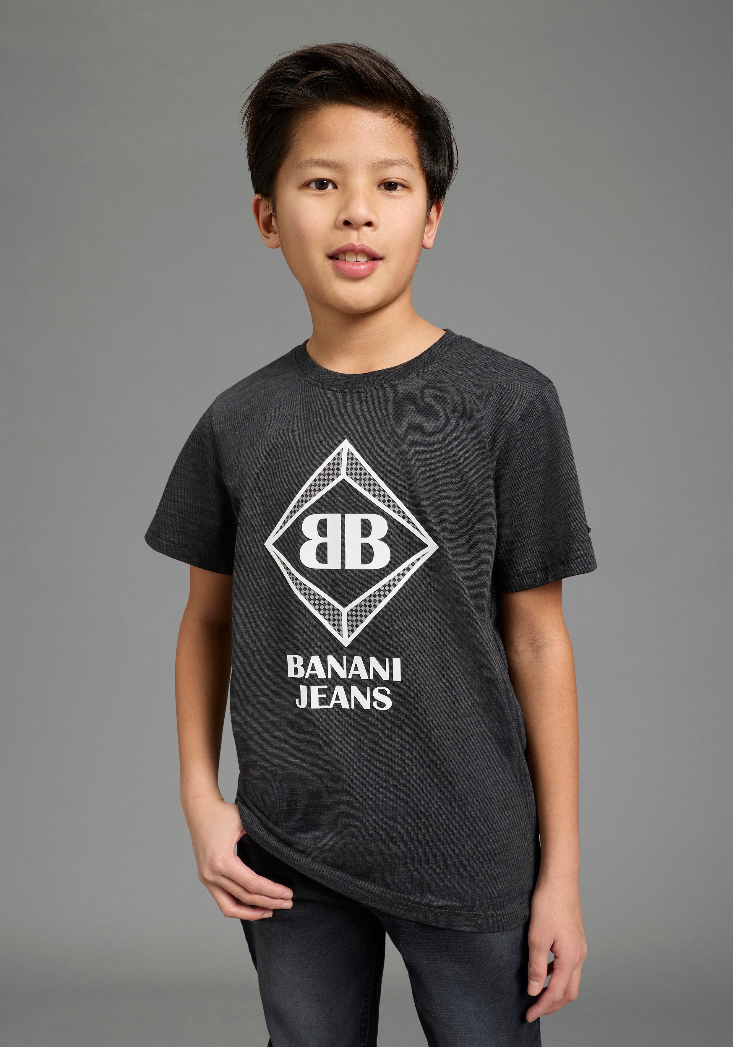 Bruno Banani T-Shirt Shirt in Melangeware und Logo-Print für Jungen Basic Passform, Kurzarm, Rundhalsausschnitt, aus Baumwolle