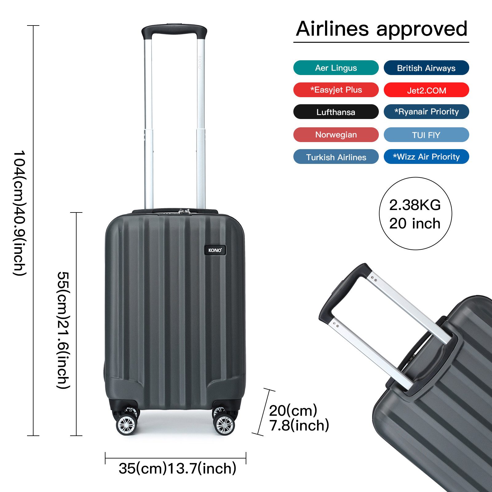 KONO Hartschalen-Trolley Hartschalen Trolley Koffer mit 4 Rollen und Zahlenschloss –Reisekoffer