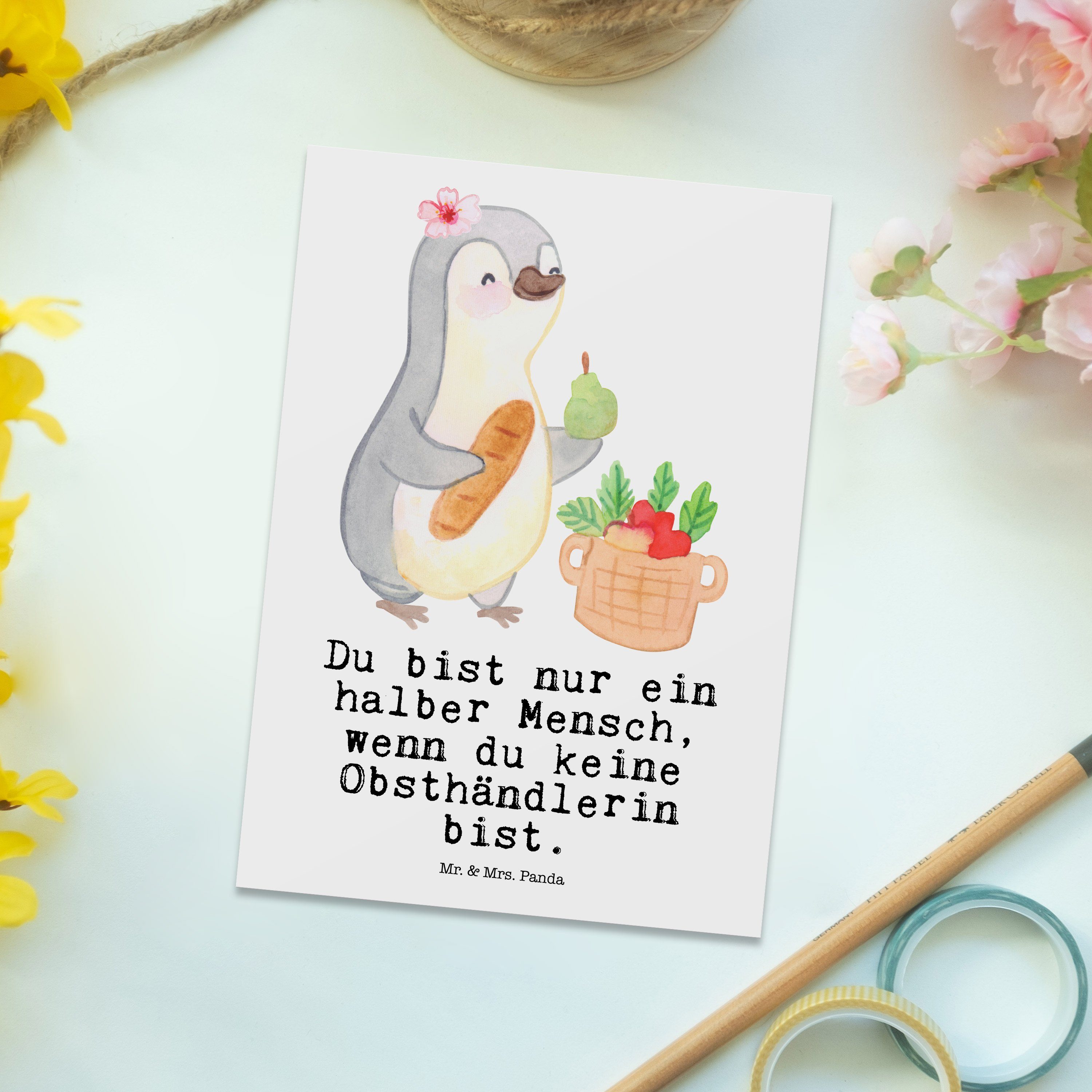Mr. & Herz - Geschenk, Geschenkka Obsthändlerin - mit Mrs. Postkarte Weiß Obstverkäuferin, Panda