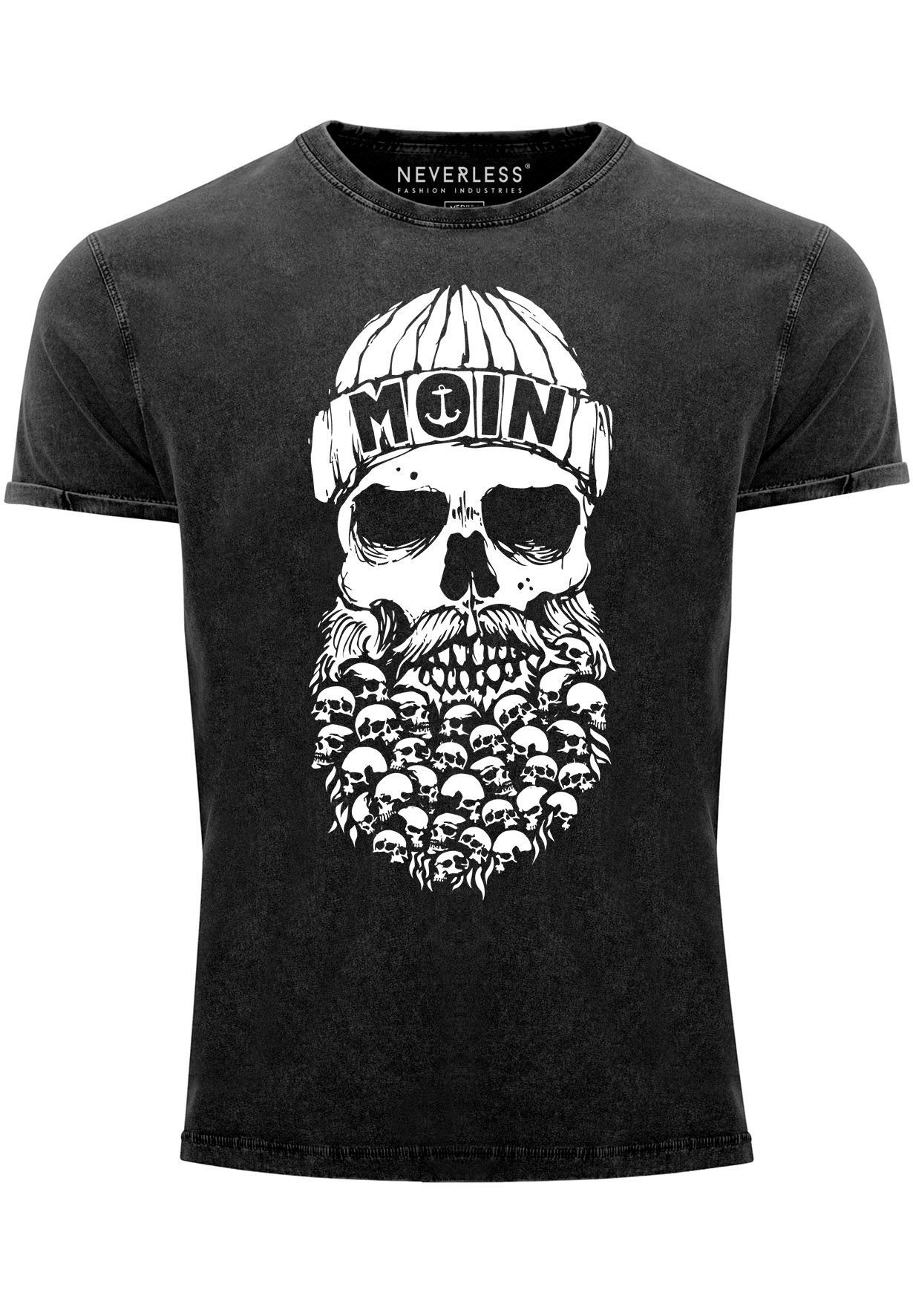 Herren Dialekt Nordisch Hamburg Neverless schwarz Vintage Moin Ank mit Print-Shirt Skull Shirt Totenkopf Print