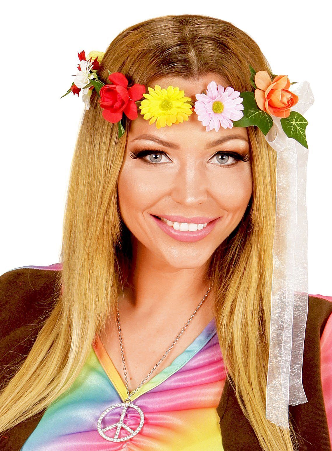 Widdmann Hippie-Kostüm Hippie Haarreif - Stirnband Faschingskostüm Karnev, Farbenfrohes Haarband für Hippie- und Schlager Kostüm