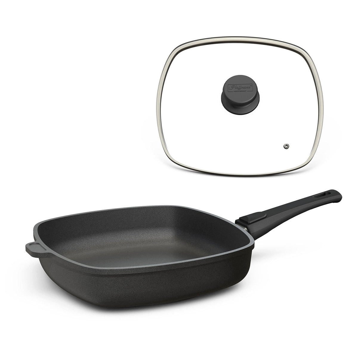 Hoffmann Germany Bratpfanne Viereckpfanne CLASSIQ Made in Germany 28×28 cm, Aluguss (Set, 2-tlg., 1x Viereckpfanne 28×28 cm + 1x Glasdeckel), eckig, abnehmbarer Griff, Antihaft, inkl. Deckel
