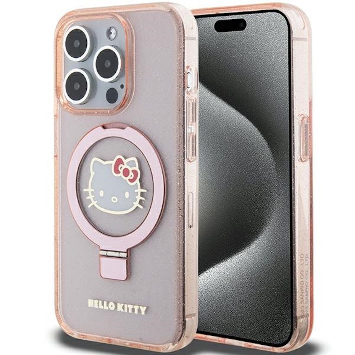 Hello Kitty Smartphone-Hülle Hello Kitty Apple iPhone 15 Glitzer Ring Standhalter Hardcase MagSafe