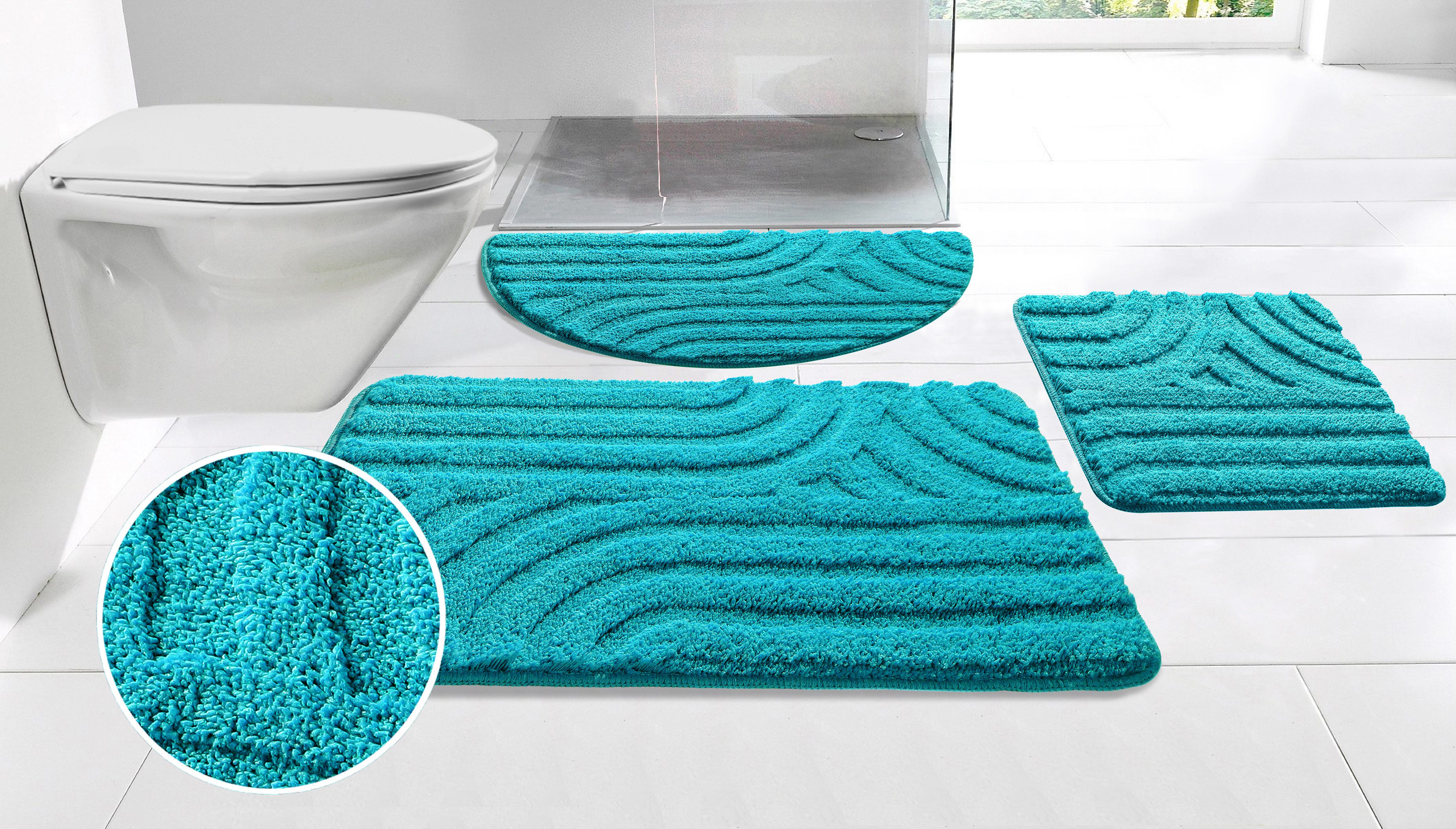 OTTO home Badematte Sanremo Scandi, Badvorleger, Badezimmer Teppich, Duschvorleger, Höhe 20 mm, rutschhemmend beschichtet, strapazierfähig, Polyester, halbrund, Badteppich, Uni Farben, Hoch-Tief-Effekt, modernes Muster, Boho