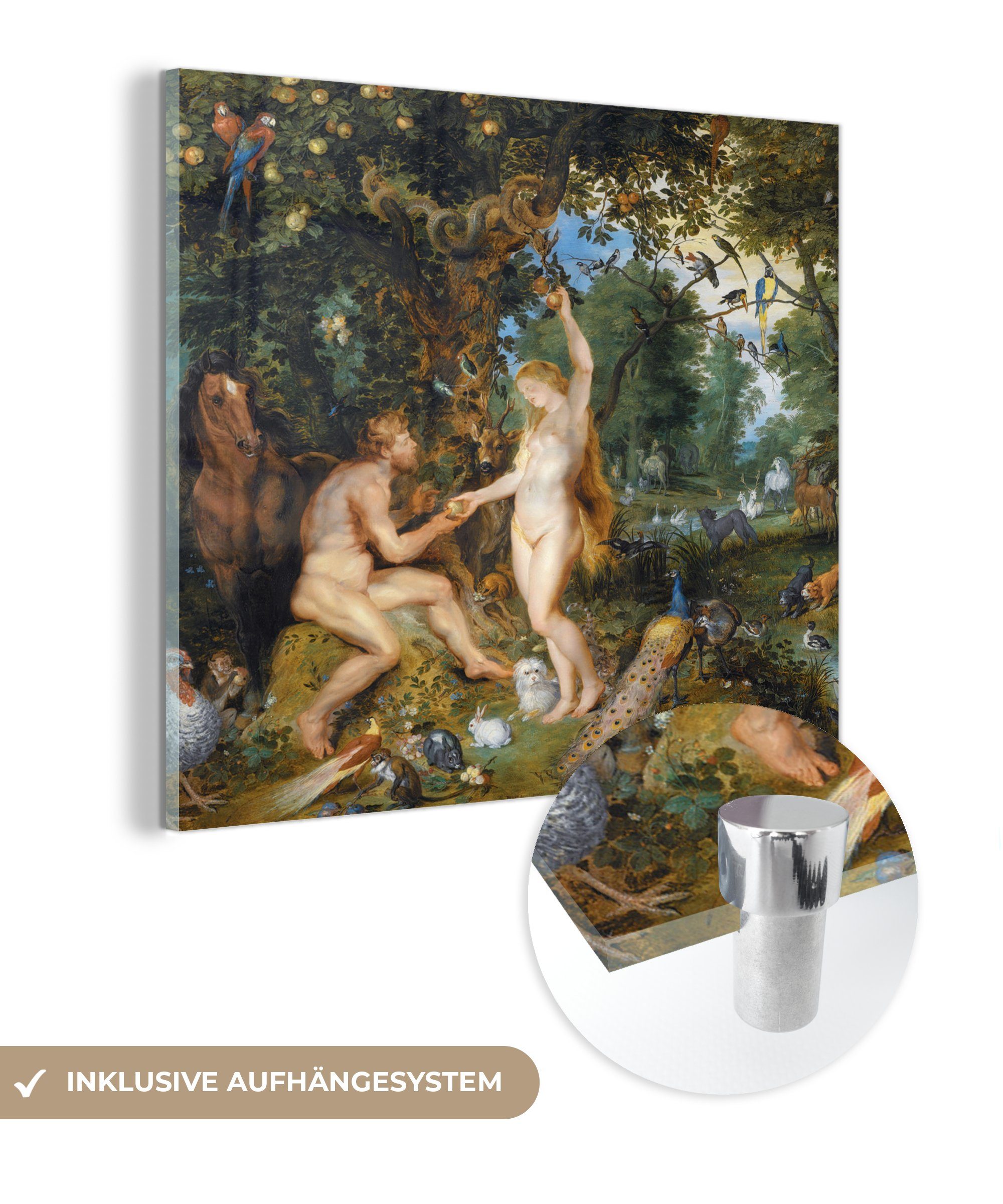 MuchoWow Acrylglasbild Das irdische Paradies mit dem Sündenfall von Adam und Eva - Gemälde, (1 St), Glasbilder - Bilder auf Glas Wandbild - Foto auf Glas - Wanddekoration