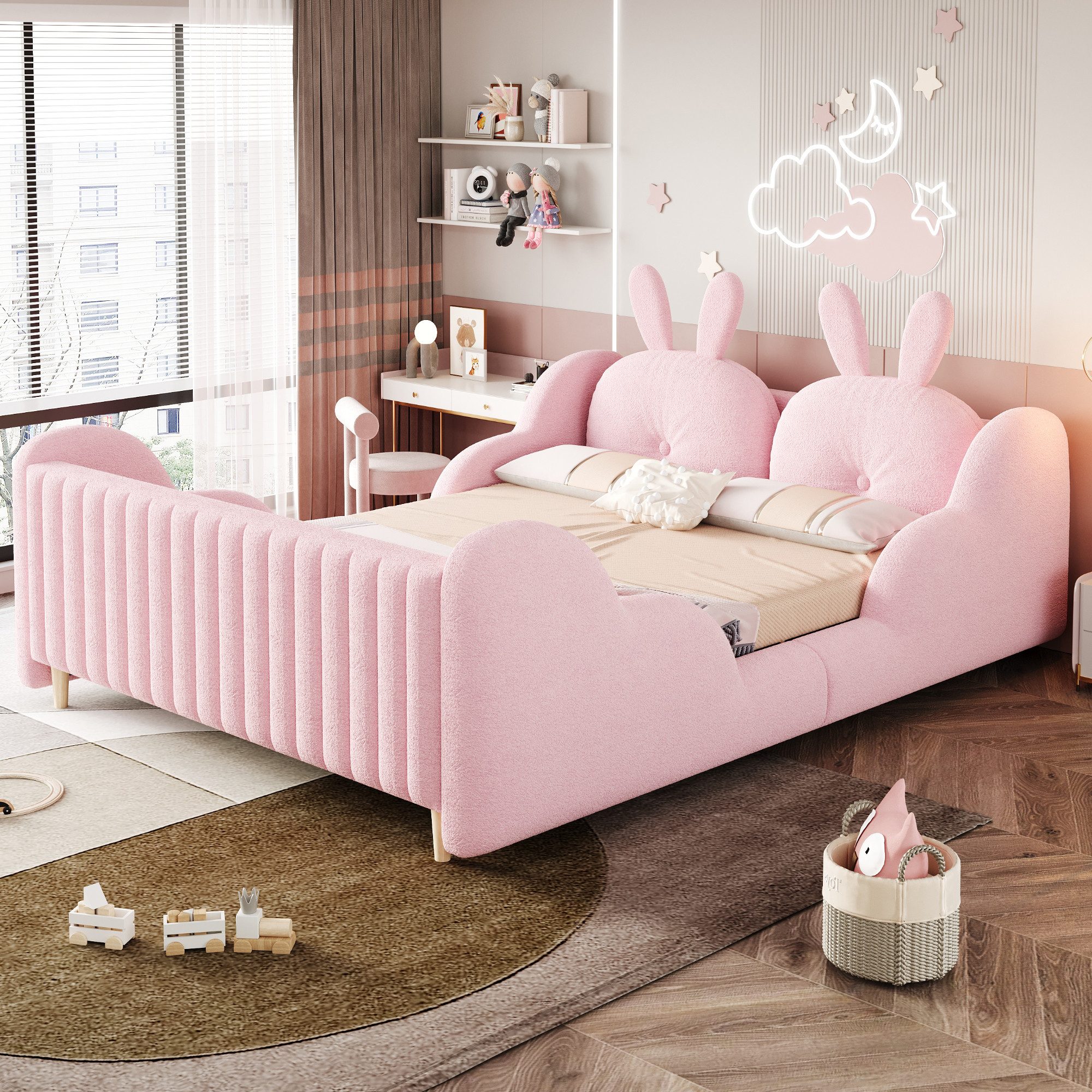 Merax Polsterbett (1-tlg., gepolstertes Plattformbett Bodenbett aus Teddysamt), Kinderbett 140x200 mit Lattenrost, Kaninchenkissen und Rausfallschutz