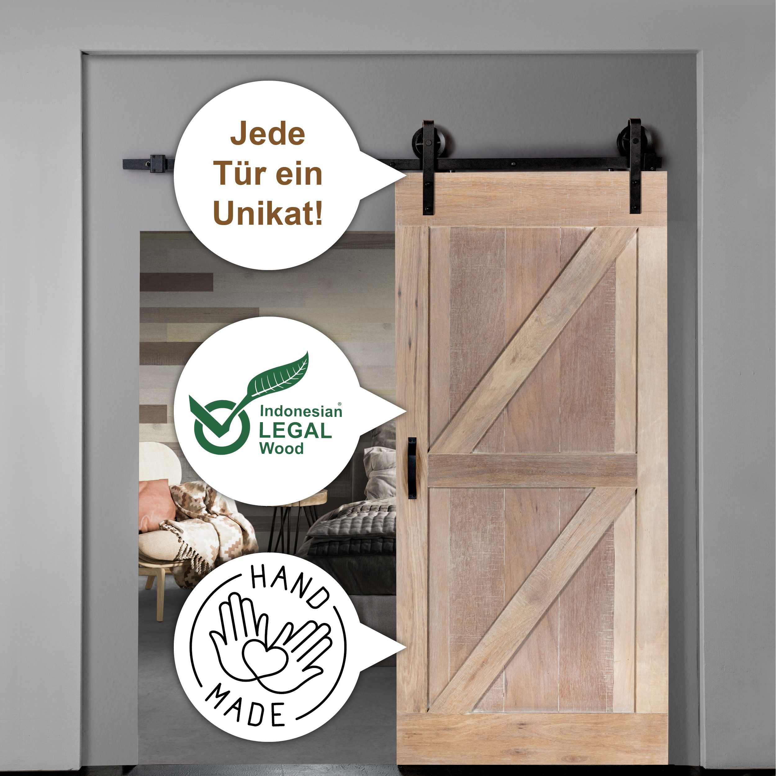 INDO Schiebetür Premium Holzschiebetür Scheunentor, 100x215 cm, leicht zu i günstig online kaufen