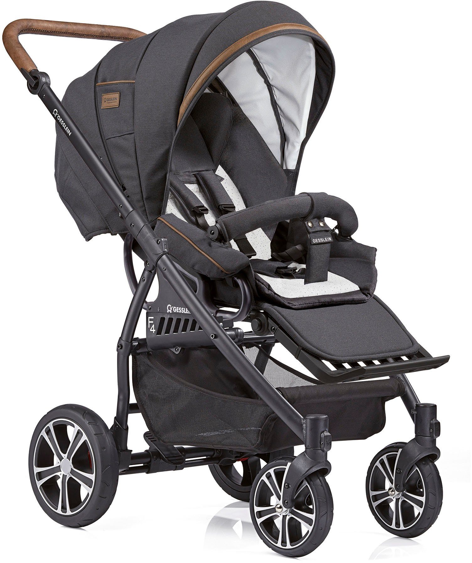 C2 Kombi-Kinderwagen anthrazit, mit F4 und Babyschalenadapter Compact schwarz/tabak, Gesslein Tragetasche Air+,