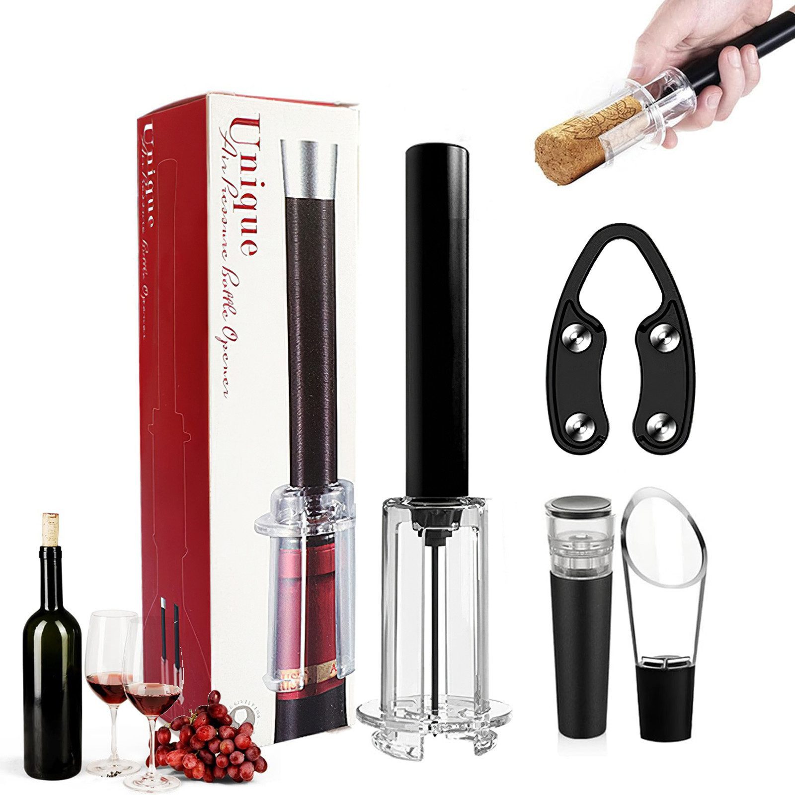 BlingBin Korkenzieher 4-in-1 Druckluft Korkenzieher Wein Set Weinöffnungsset Mit Luftpumpe, (4er Set, 4 tlg., mit Weinöffner,Folienschneider,Weinbelüfter,Weinverschlüsse-Ausgießer), manuelles Flaschenöffner-Set für Bar, Zuhause oder draußen
