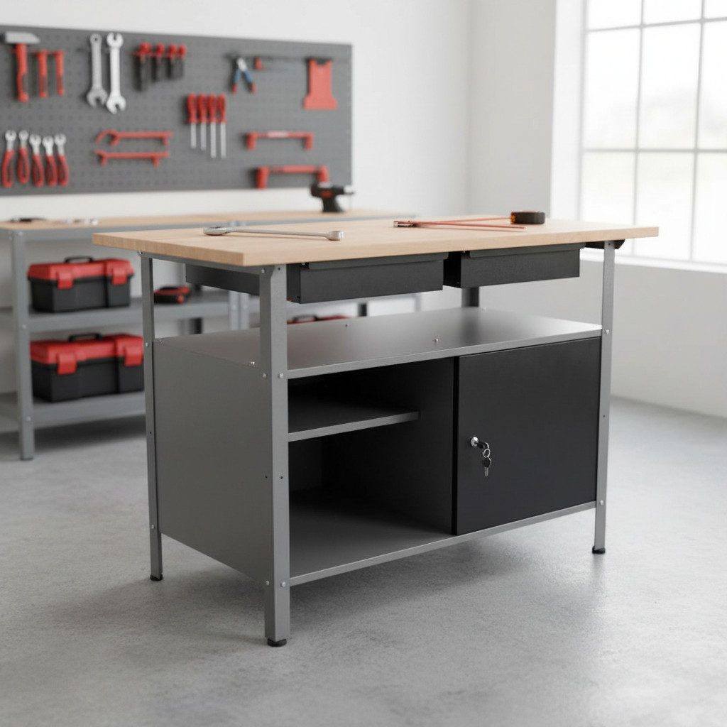 ONDIS24 Werkbank Werktisch Fritz - höhenverstellbare Füße, 2 Schubladen, Metall, 120x60x85(H) cm, abschließbare Tür, belastbar Bis 250kg