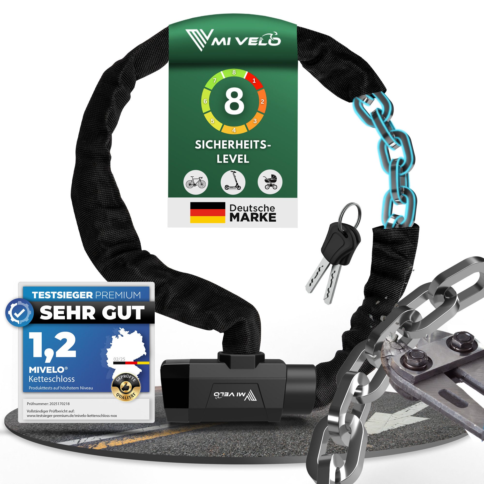 MIVELO Kettenschloss MIVELO FAHRRADSCHLOSS mit Schlüssel 90 cm Fahrrad Schloss, Vierkantstahl