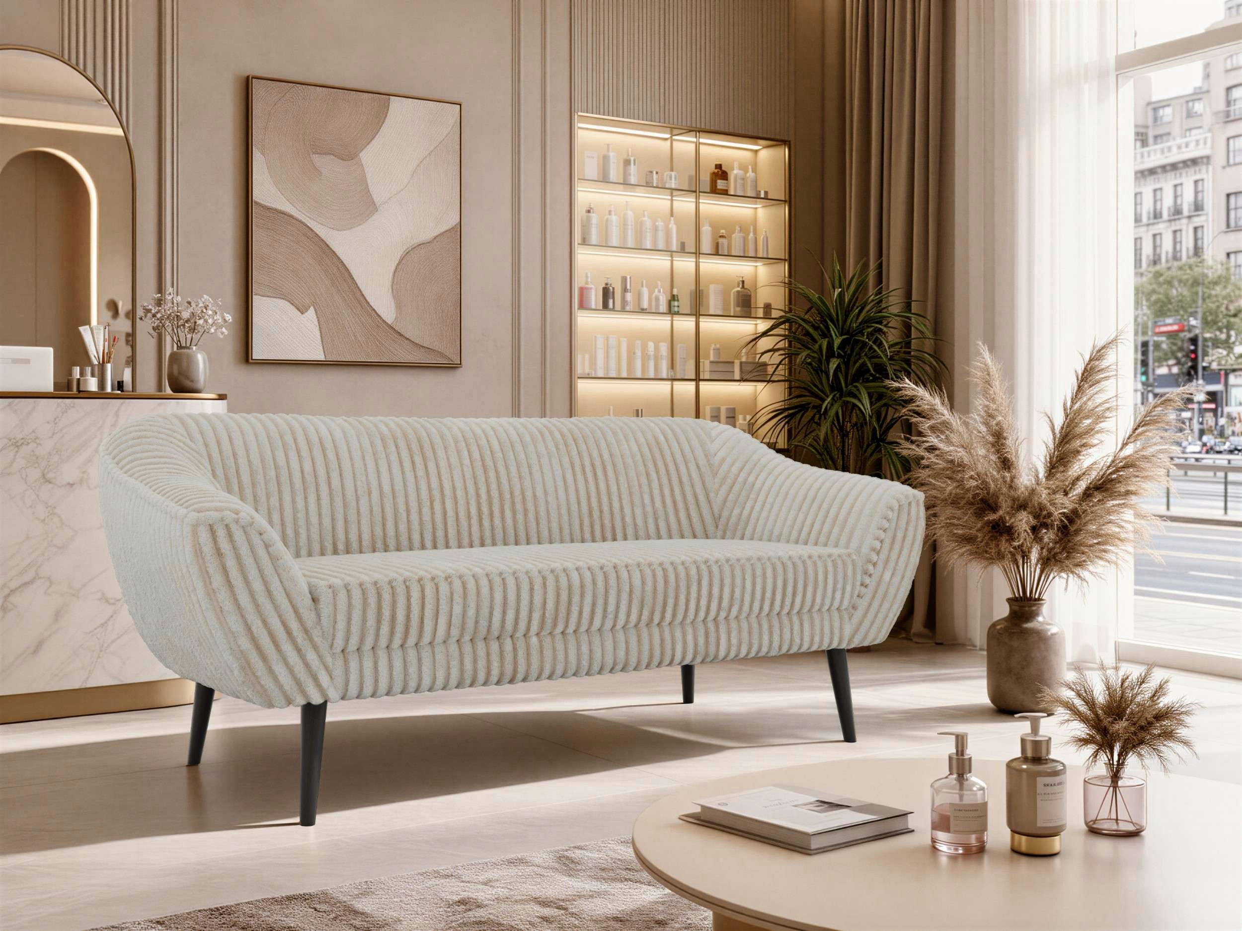 MKS MÖBEL Sofa PIRS, 3-Sitzer, Design mit Steppung, Wellenfederung, Scandi-Design, Füße wählbar