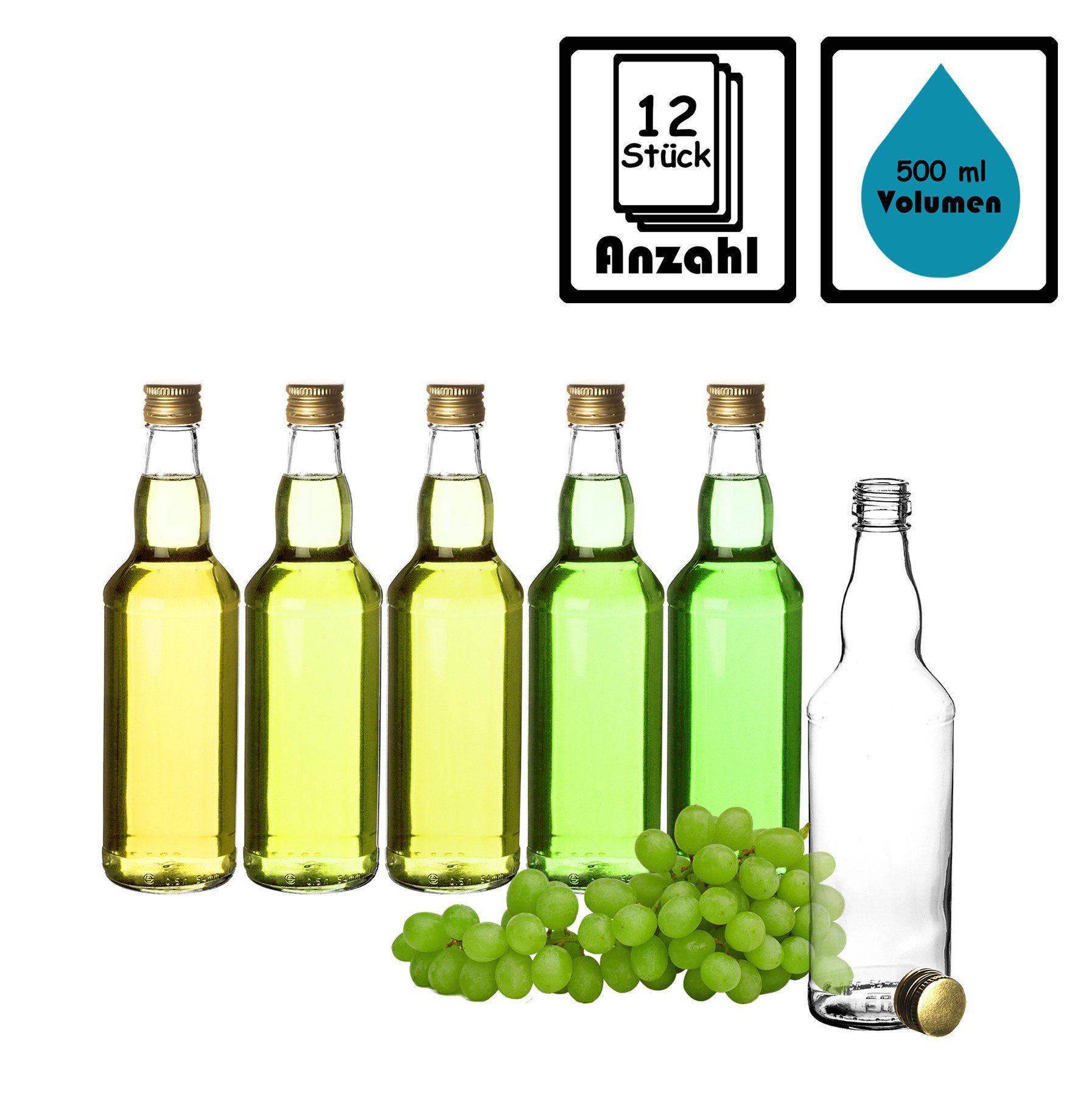 BigDean Trinkflasche Glasflaschen, 12x Glasflaschen, 500ml, Schraubverschluss, Gold