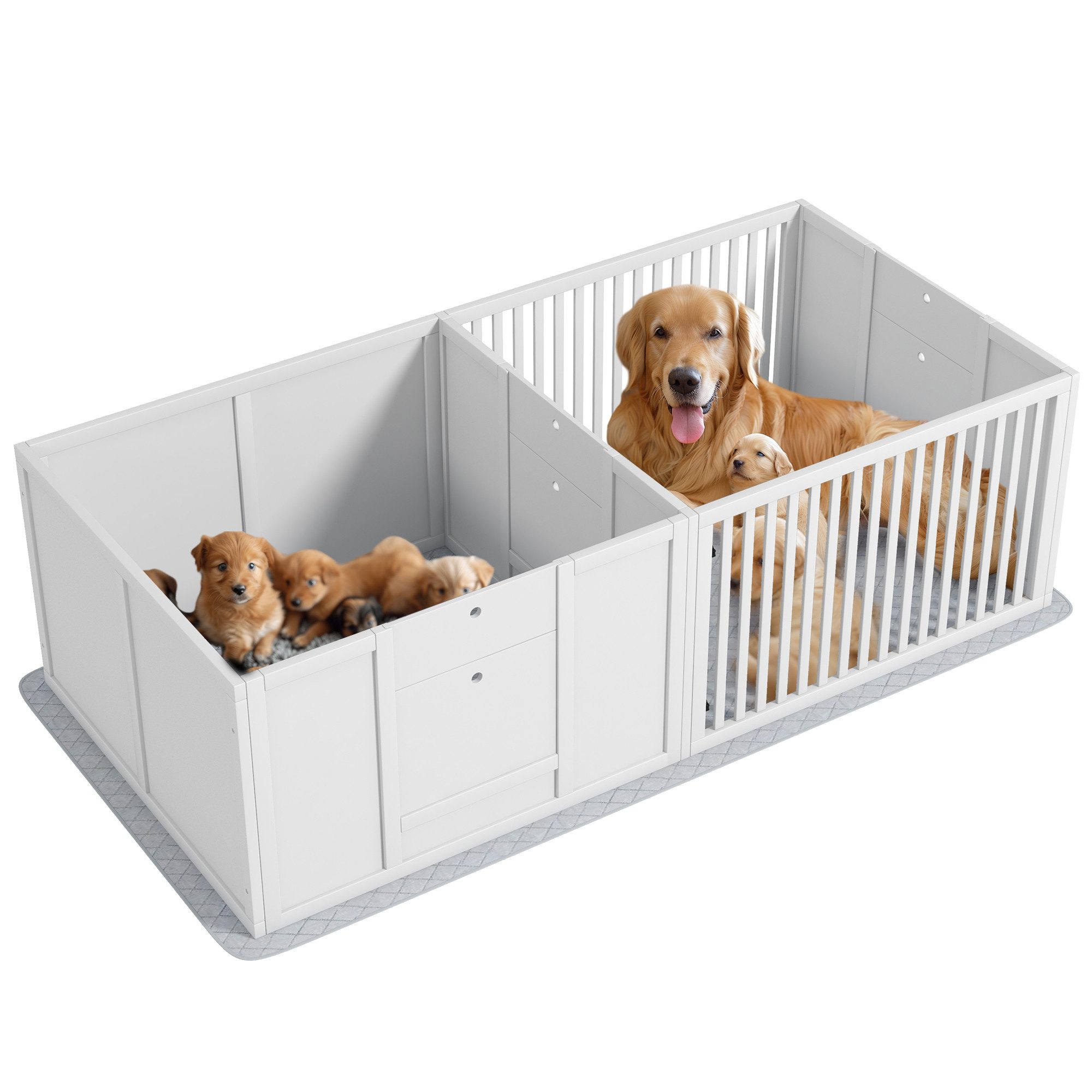 PawHut Laufgitter Wurfbox Welpenlaufstall mit wasserdichte Bodenmatte, 166x80x50 cm (Wurfkiste, 1-tlg), für Welpen, Weiß – Bild 2 von 5