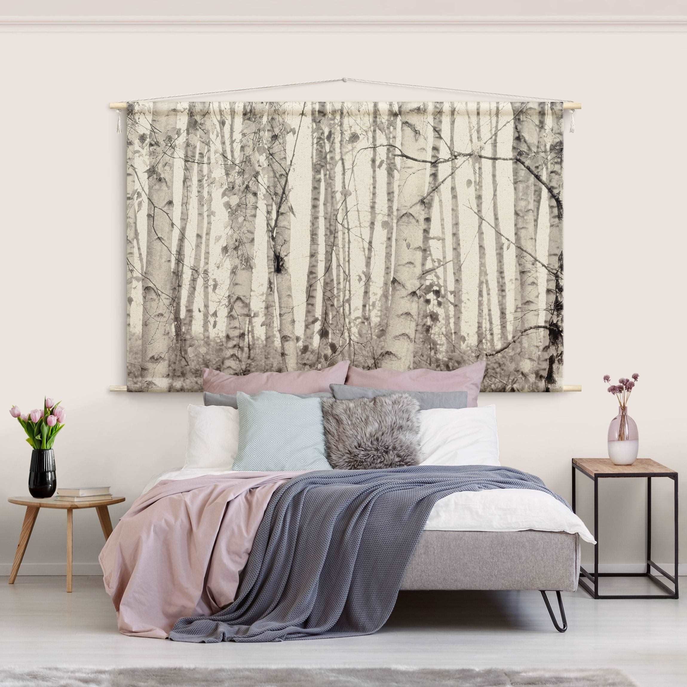 Bilderdepot24 Wandteppich modern Wald Natur schwarz-weiß grau, rechteckig, Höhe: 2.6 mm, großes Wandbild aus Natur-Baumwolle Wandbehang Stoffbild Tuch Wollseil