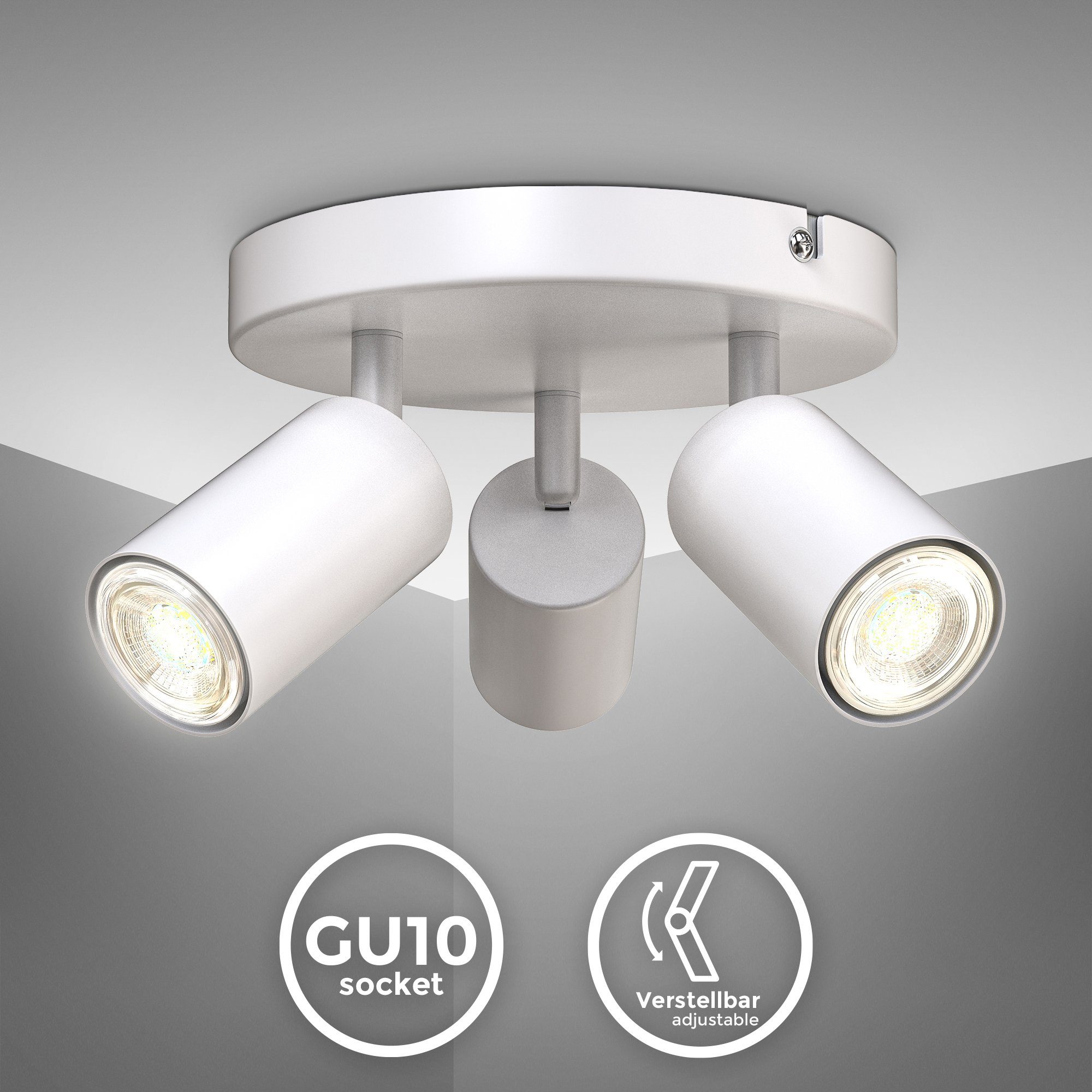 GU10-Fassung, Leuchtmittel BK_DS1456 Spotlampe, Deckenspots 5W), Rund, Leuchtmittel, ohne Weiß-Matt Drehbar, 3-Flammig, ohne B.K.Licht Schwenkbar, (max.