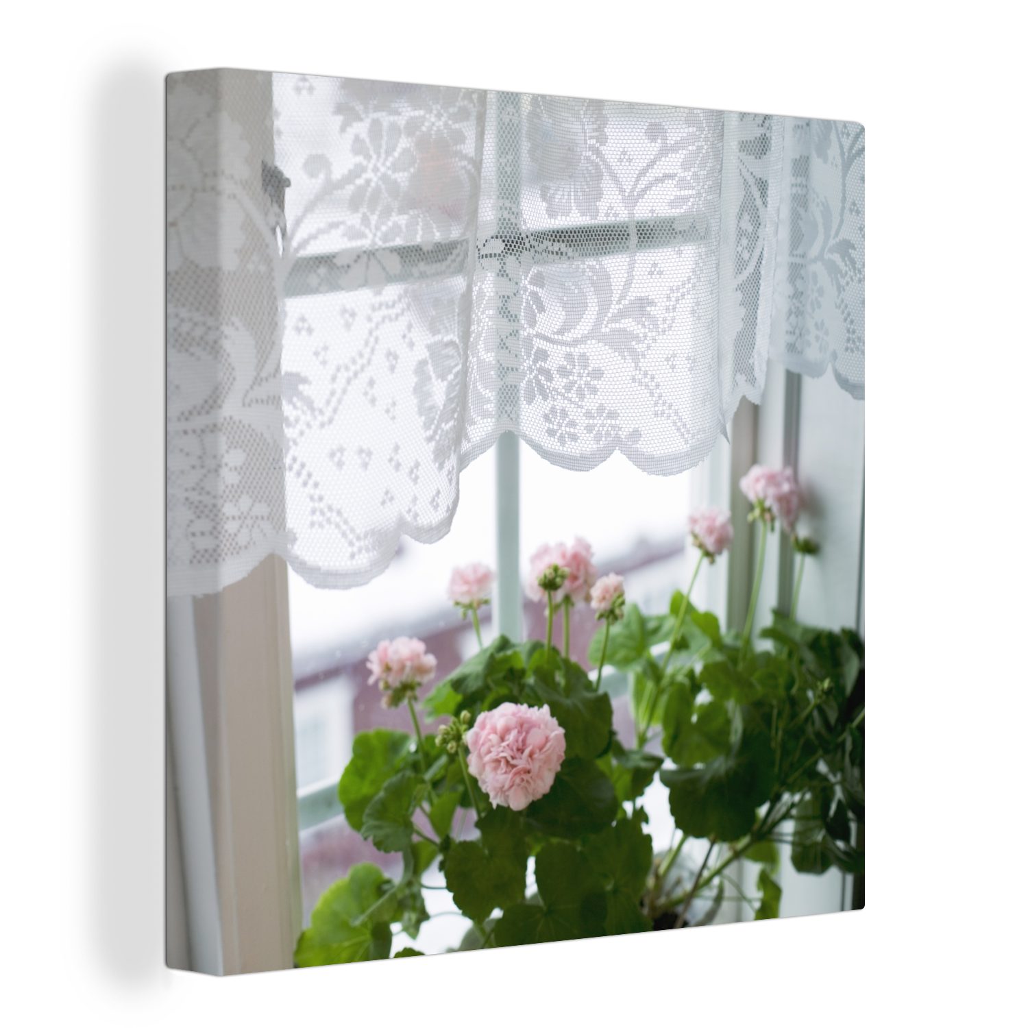 OneMillionCanvasses® Leinwandbild Geranienstrauß auf der Fensterbank, (1 St), Leinwand Bilder für Wohnzimmer Schlafzimmer
