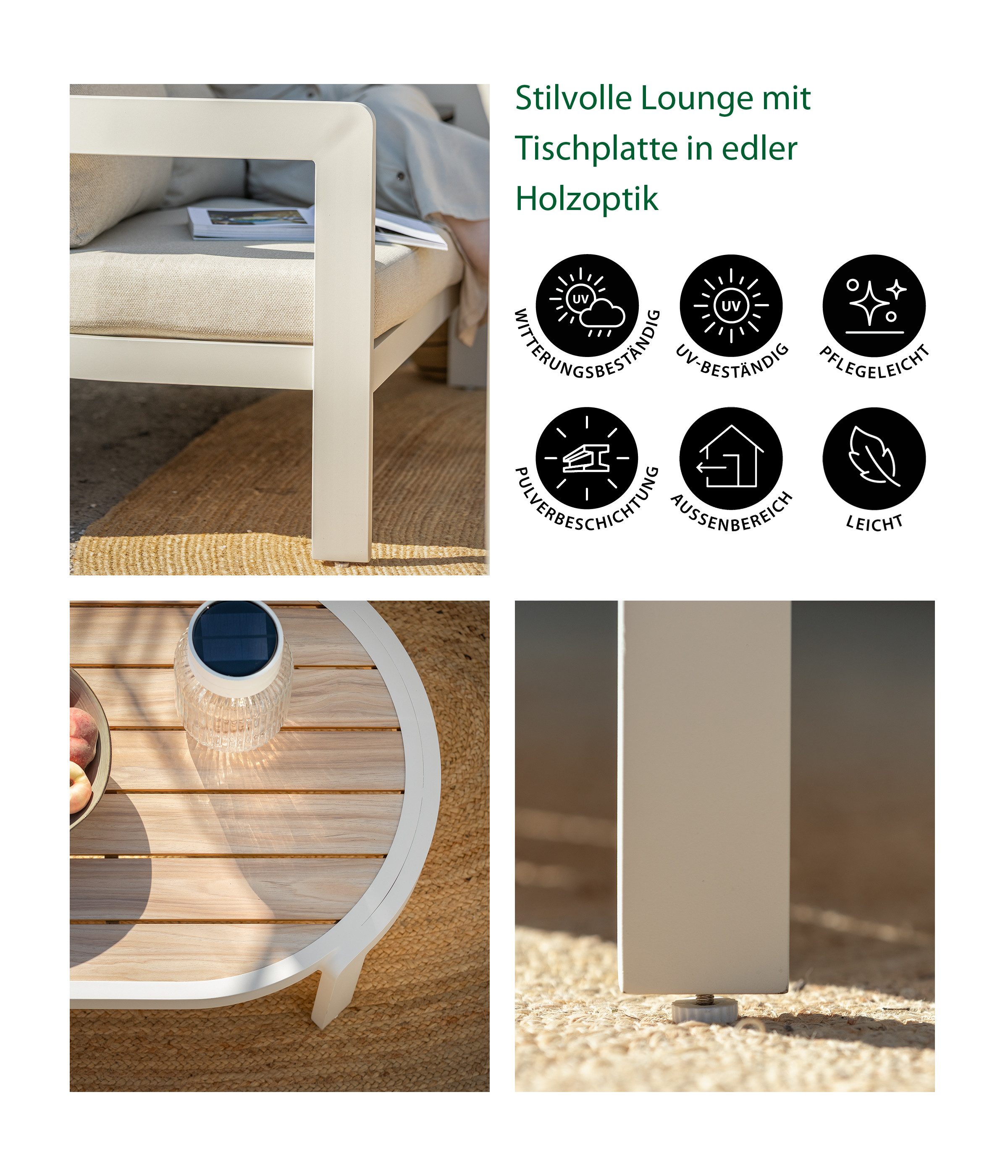Dehner Gartenlounge-Set Altea, 4-teilige Sitzgruppe, inkl. Tisch, Aluminium / Polyester, creme, standfeste Lounge, inkl. Kissen und Tisch