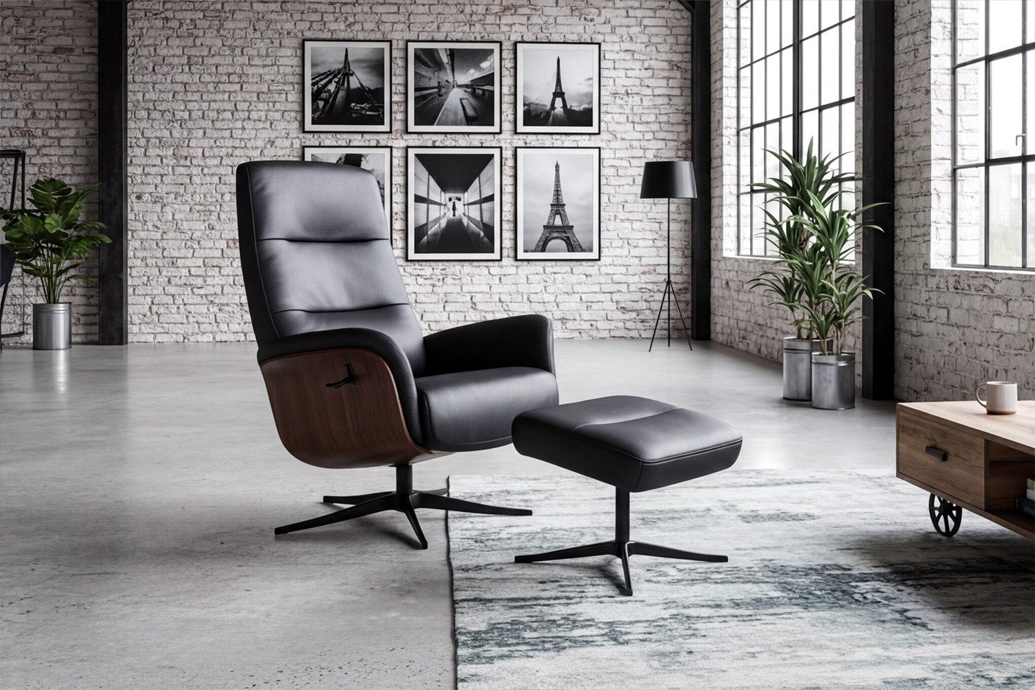 KAWOLA Relaxsessel SILVA Leder schwarz Komfort Drehsessel – Bequem, 360° drehbar, Relaxfunktion, Kopfstütze, inklusive Fußhocker