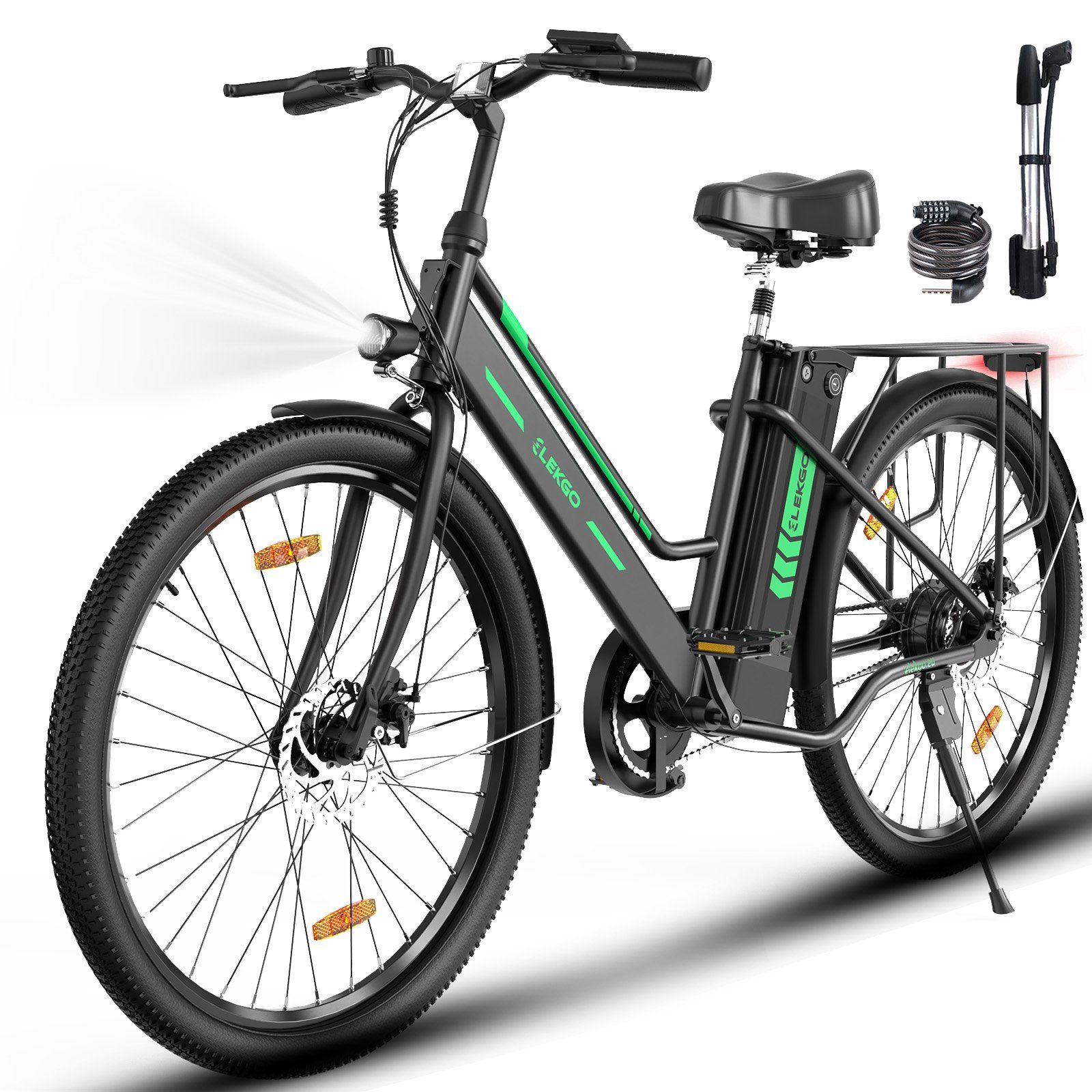 ELEKGO E-Bike 26 Zoll City Elektrofahrrad Pedelec, mit 36V 8,4Ah Akku, 35-70 km, 1 Gang, 250W Heckmotor Schwarz | E-Citybikes