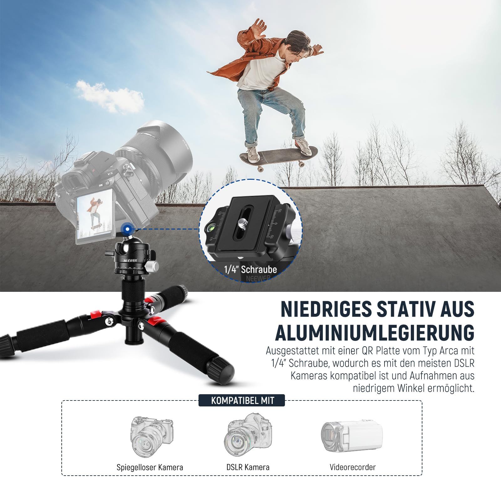 Neewer TP-AAM521 50cm Mini Tischstativ mit 360° Kugelkopf für DSLR Kameras Dreibeinstativ (Desktop Reisestativ mit 1/4" Arca Type QR Plate max Belastung 5kg) – Bild 2 von 5