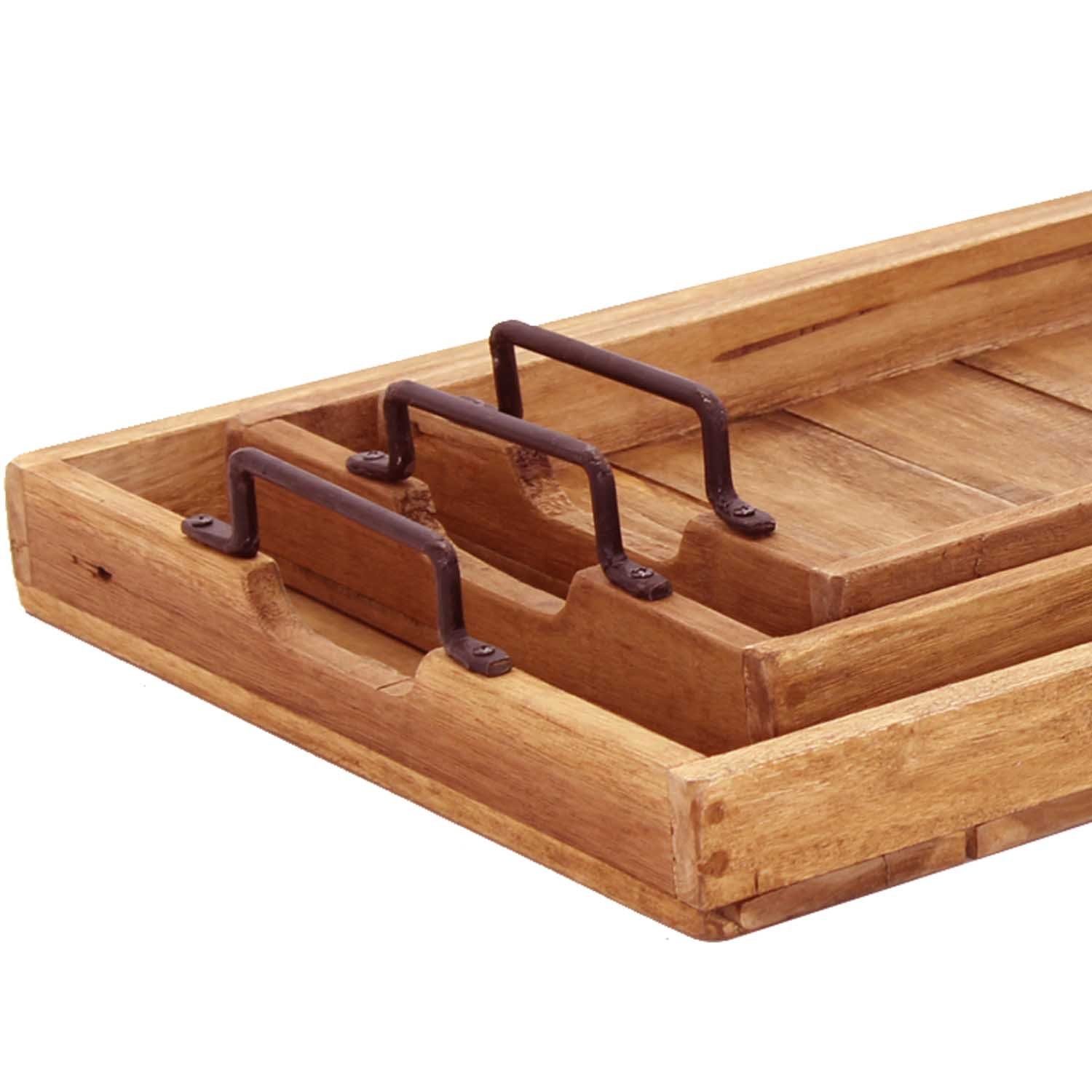 Casa Moro Dekotablett Holz Tablett Gloria 3er Set mit Metall Griff Serviertablett (Betttablett rustikal Frühstückstablett in Landhaus Stil, 3 St), aus massiv Holz gefertigt