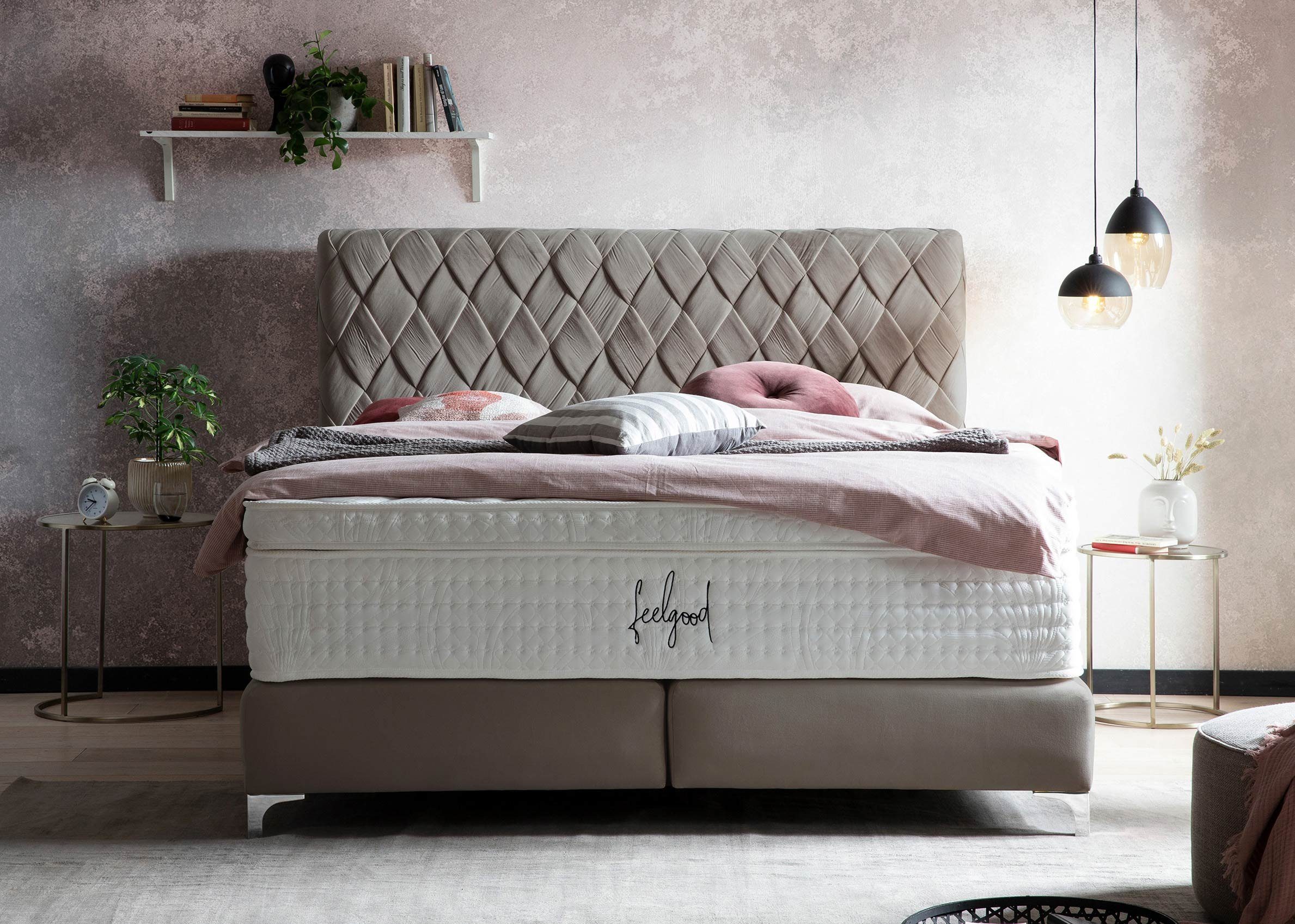 BettCo Boxspringbett Lyon (in Taupe optionaler Füße cm), 140 Chrom-Optik handgeflochten 200 + Kopfteil Topper, Velours, x