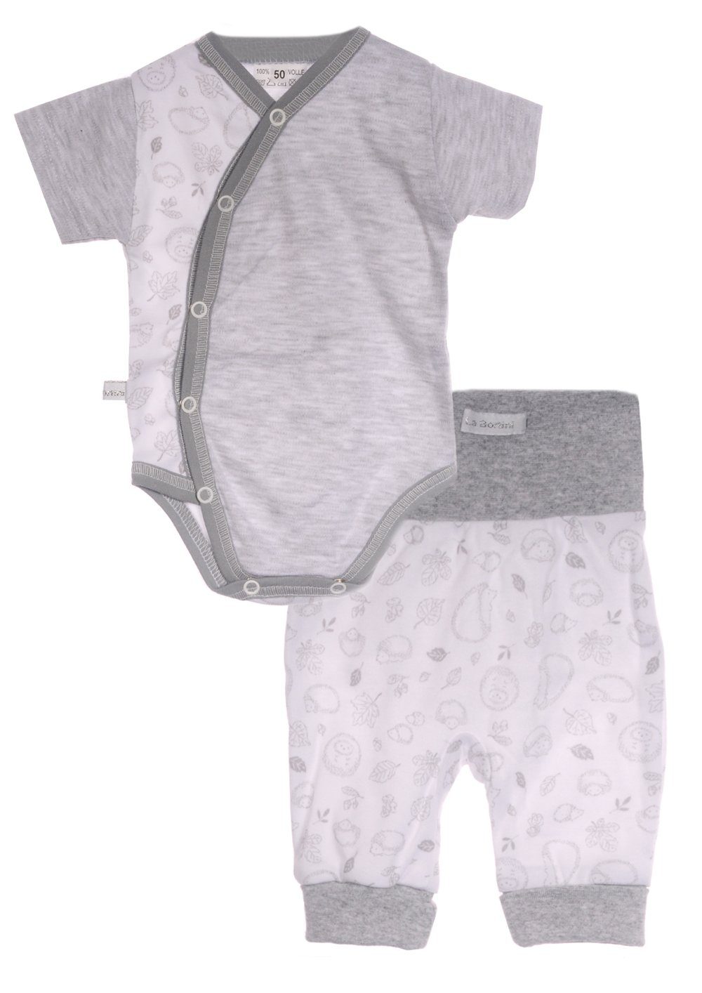 La Bortini Body & Hose Wickelbody Schlupfhose Baby Anzug in Grau mit Igel aus reiner Baumwolle, 44 50 56 62 68 74 80 86 92