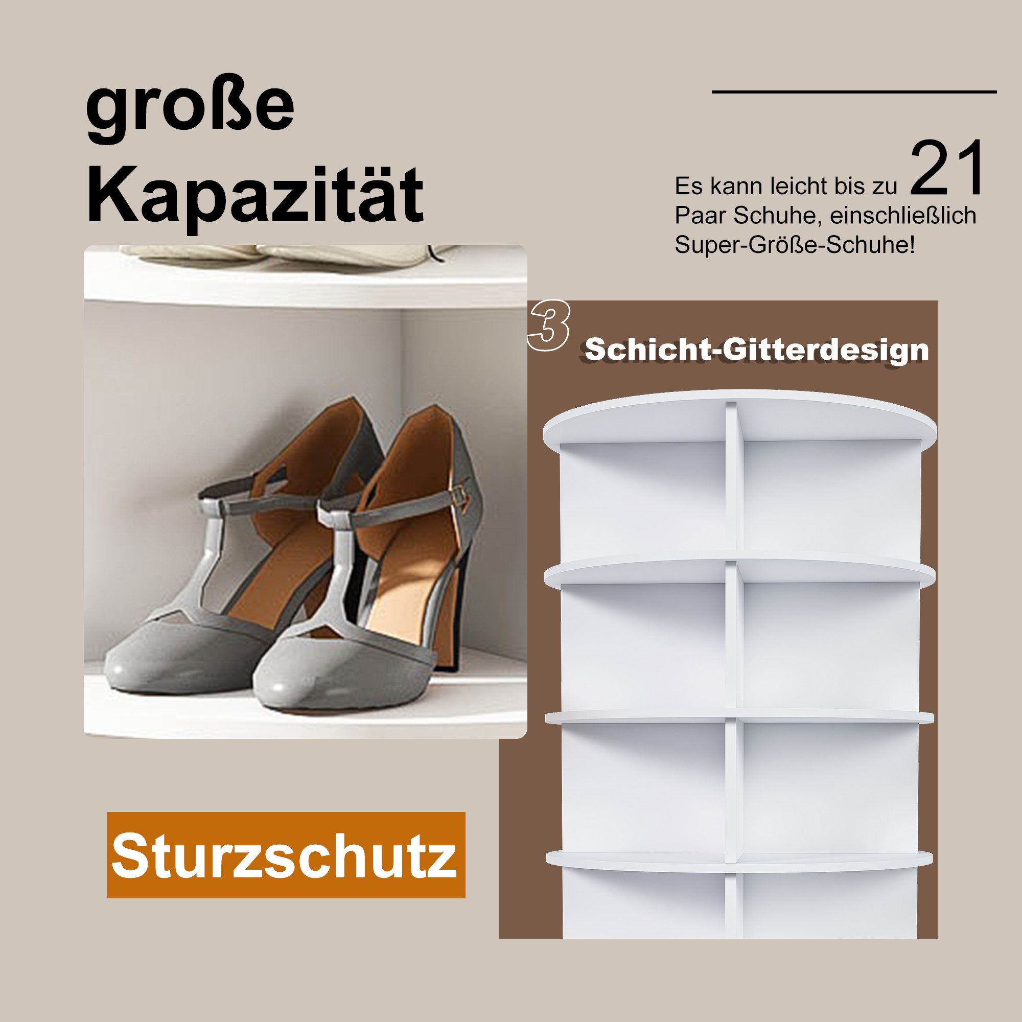 MC Star Schuhregal Drehbares mit 360° Drehfunktion, Freistehendes Schuhregal für 28 Paar Schuhe, Platzsparend, weiß (60 × 60 × 161cm), 7 Ebenen – Bild 4 von 5