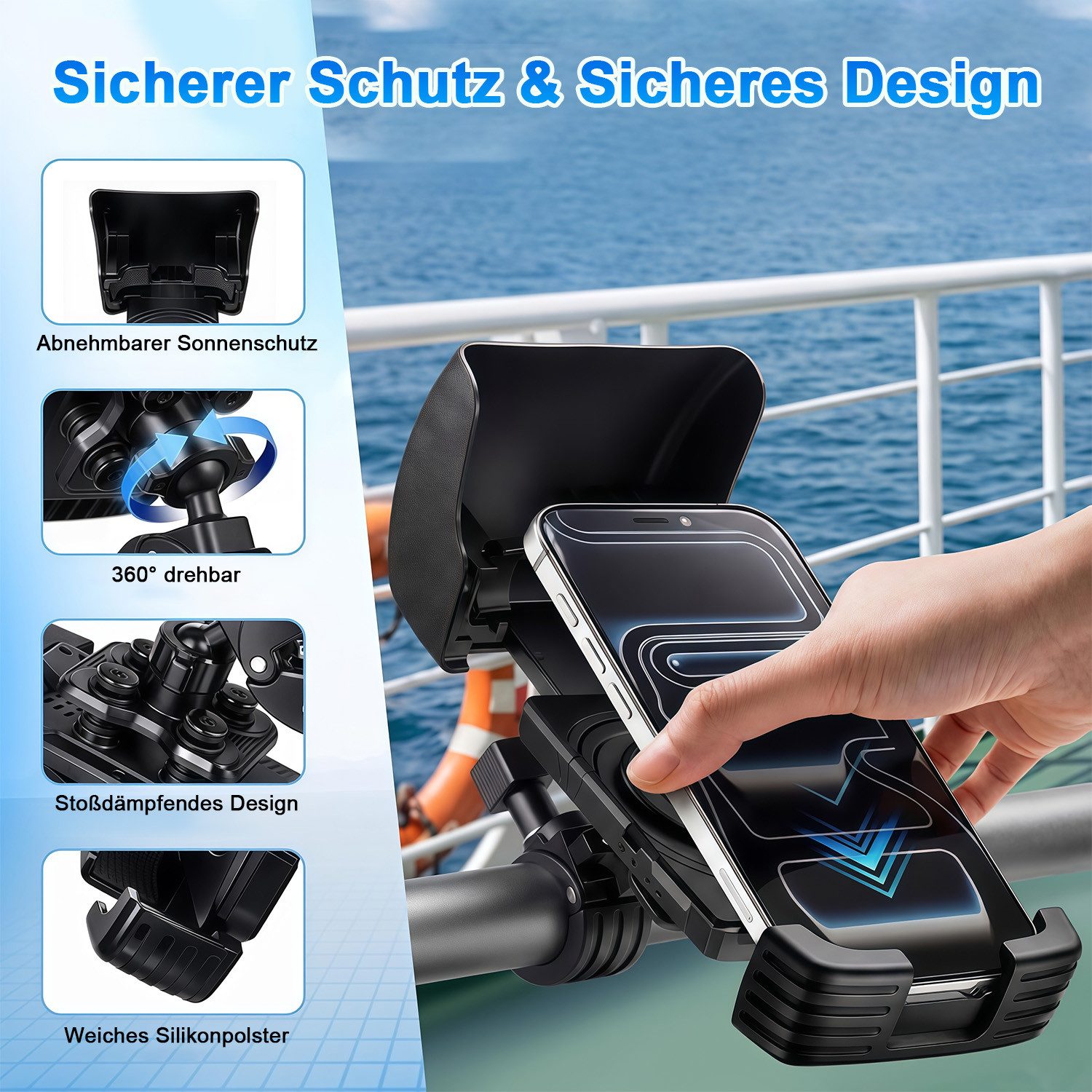 MOPUEA Smartphone-Halterung Handyhalterung Fahrrad 360° Drehbar Sonnenschutz Stoßfest Outdoor, (Handyhalterung mit Sonnenschutz und 360° Drehfunktion, Für Fahrr – Bild 2 von 5