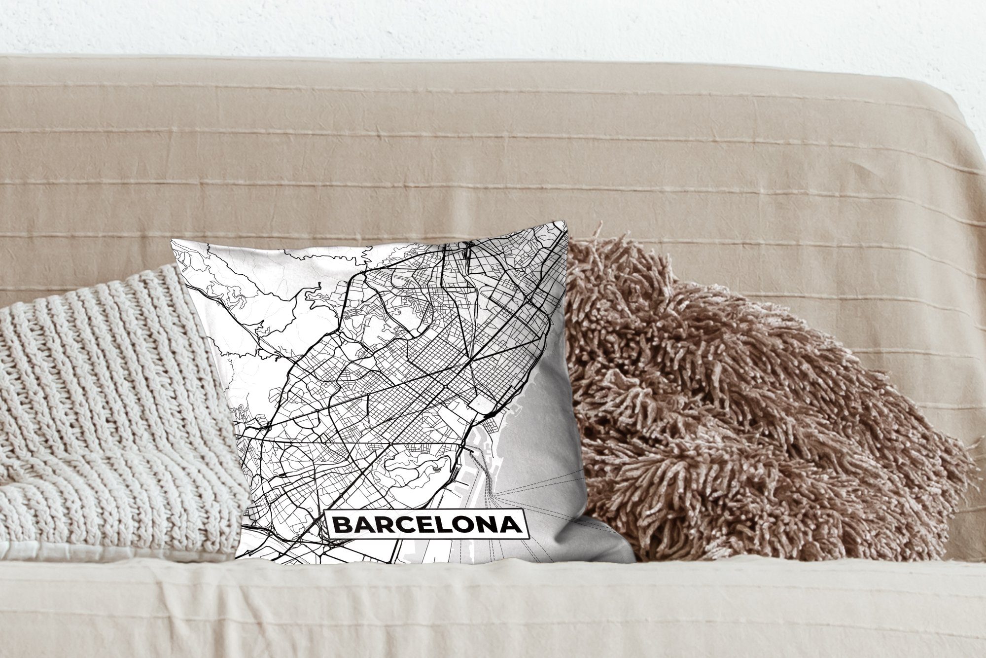 Stadtplan und - weiß, Füllung Karte Zierkissen mit für Barcelona - - Deko, Dekokissen Wohzimmer, Sofakissen MuchoWow Schwarz Schlafzimmer,