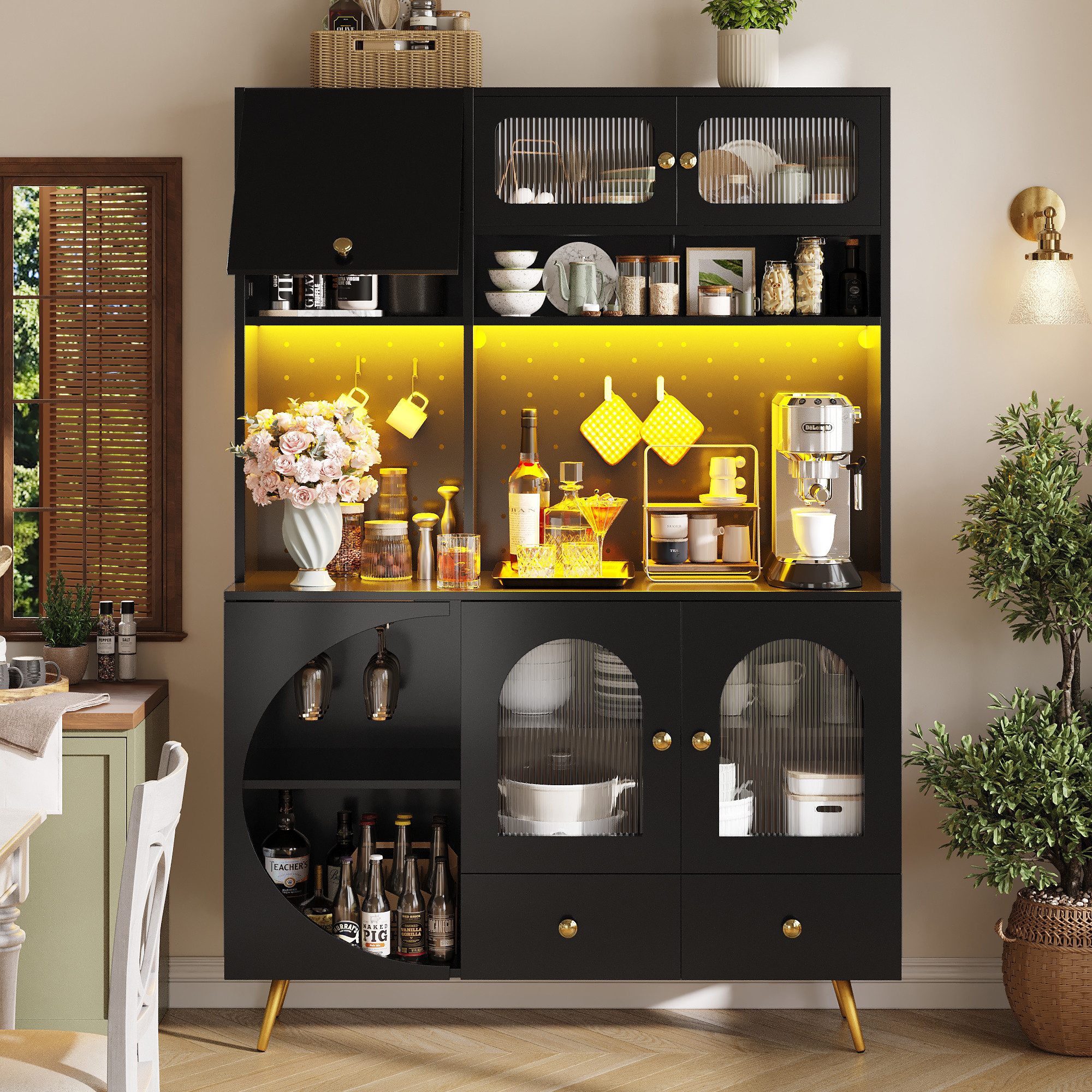 i@home Hochschrank Sideboard mit LED, USB und Steckdosen, Lochwand, Schublade & Glasböden