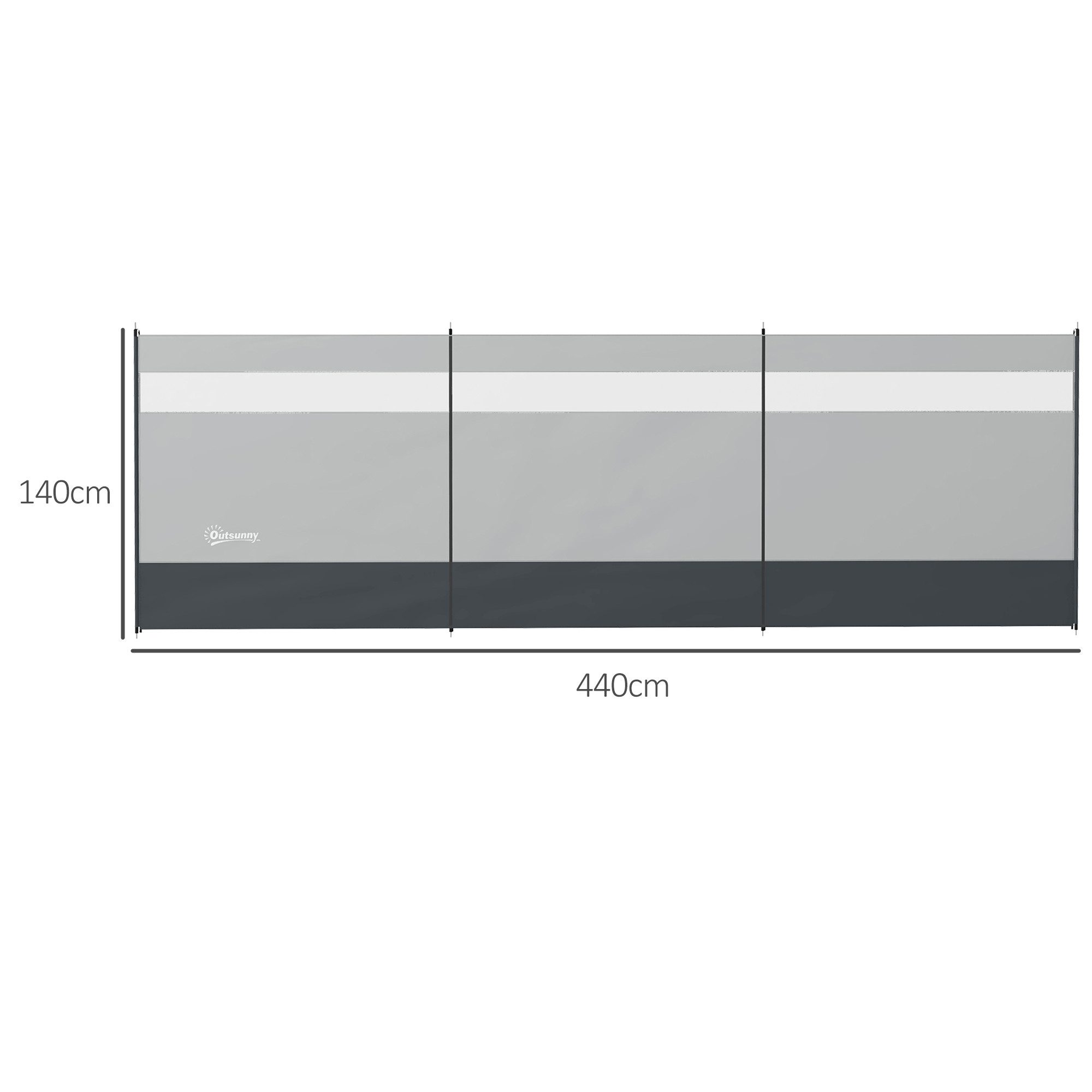 Outsunny Windschutz mit Lichtquellenfenster, Heringen, Seilen, (faltbar Sichtschutz, 3 tlg., Sonnenschutz), für Camping Garten, Strand, Terrasse 440 x 140 cm Grau