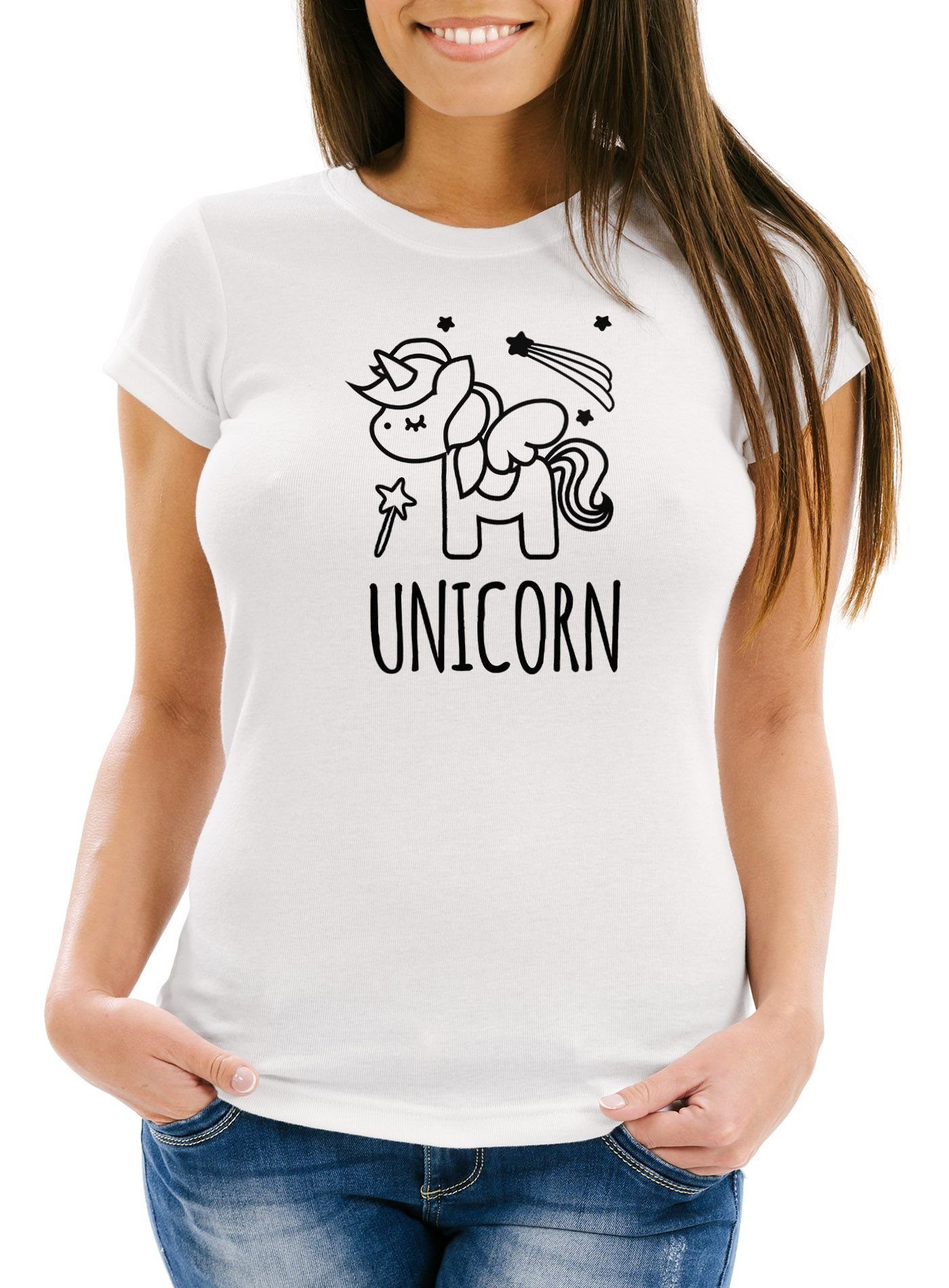 Print-Shirt Damen T-Shirt Einhorn Unicorn Sterne Slim Fit
