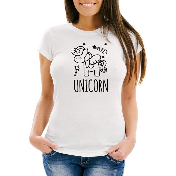 MoonWorks Print-Shirt Damen T-Shirt Einhorn Unicorn Sterne Slim Fit Moonworks® mit Print