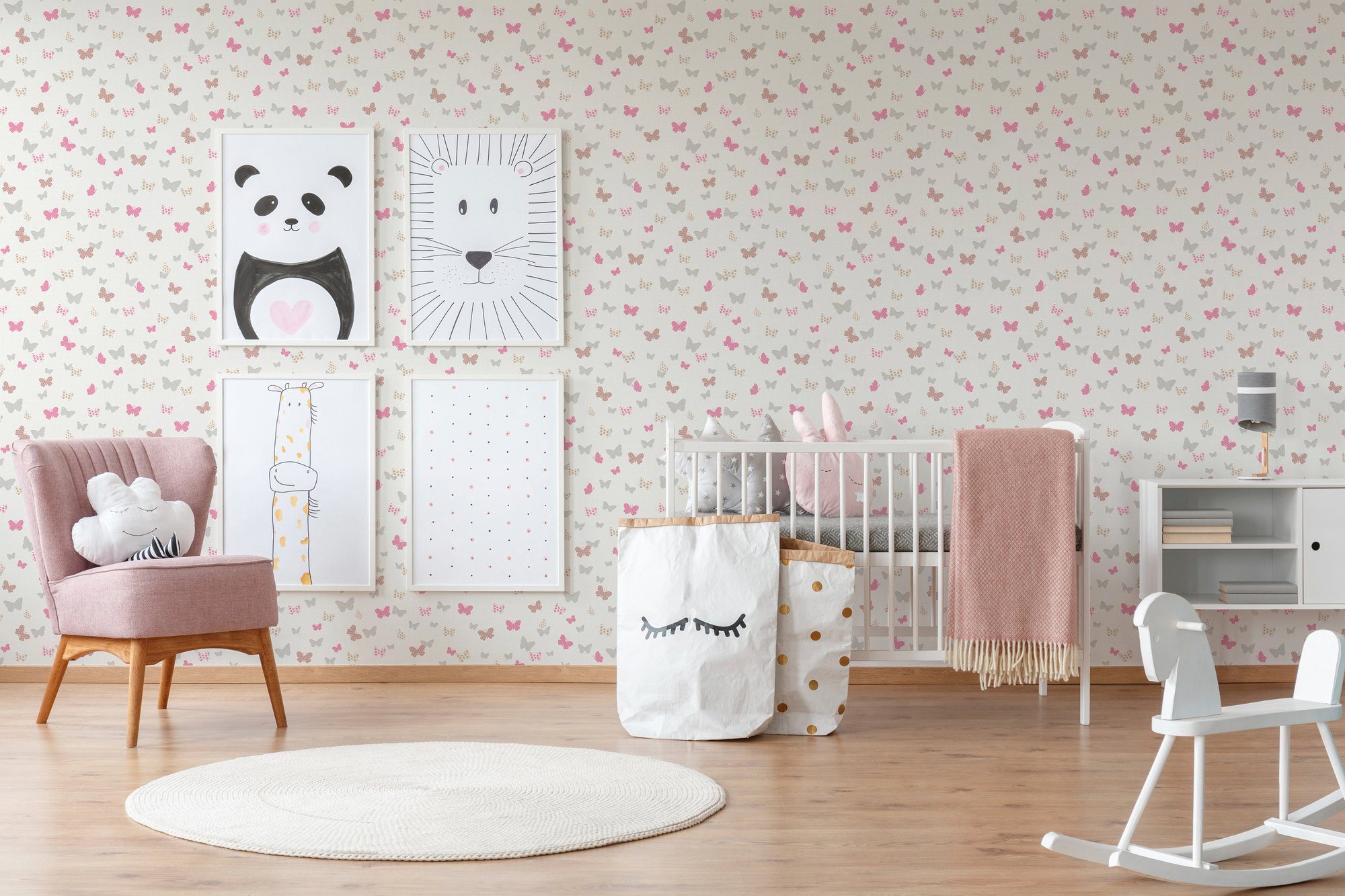 Attractive, weiß/grau/rosa Création Kinderzimmer Schmetterling A.S. Tapete Vliestapete