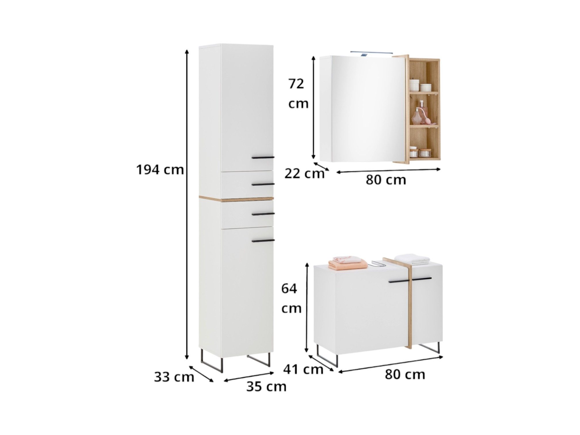 moebel-dich-auf Badmöbel-Set MESSINA, (Set 2, 3-St., Hochschrank, Spiegelschrank, Wbu), Softclose-Funktion