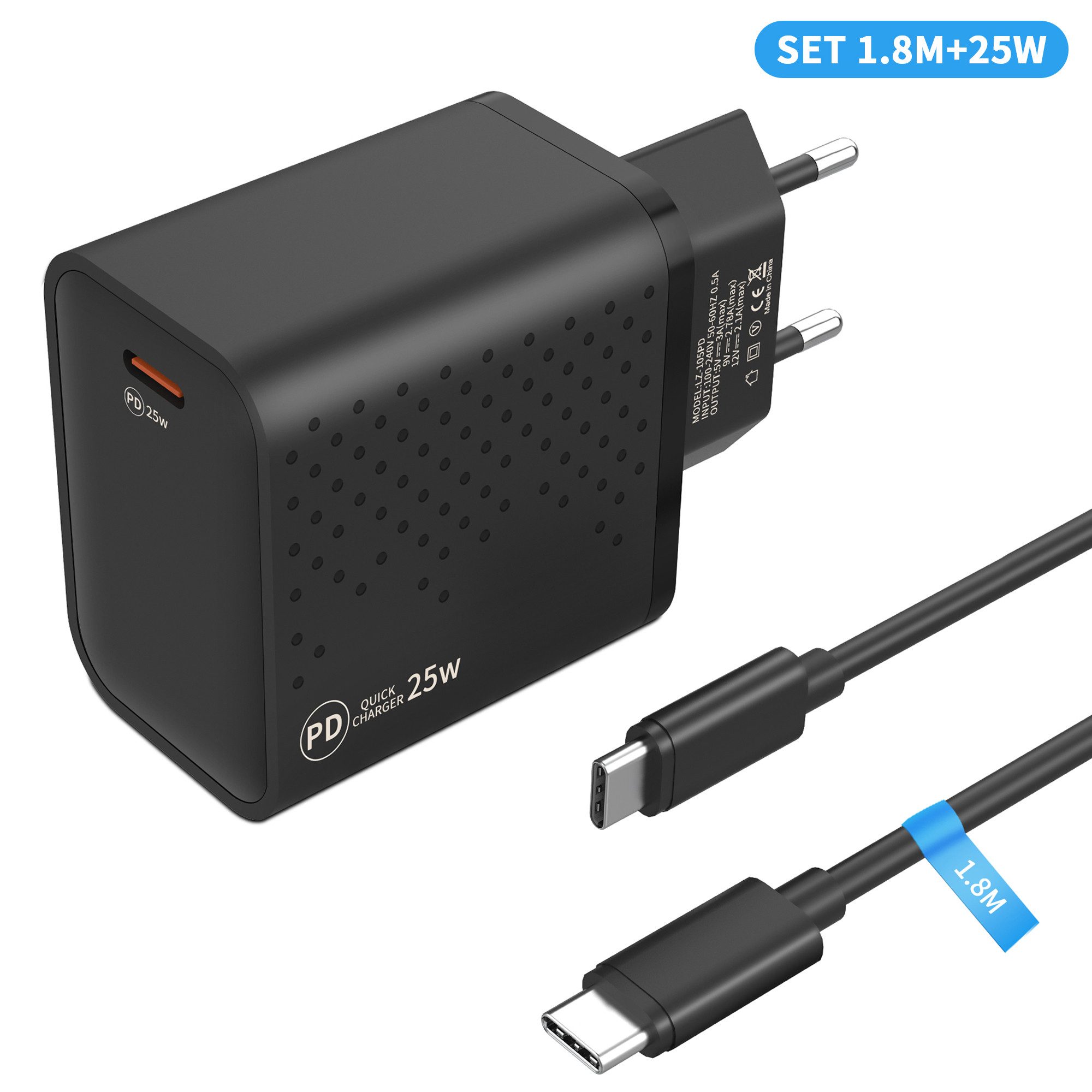Ladeset USB-C Kabel 1.8m 25W mit Power Adapter Schnellladegerät USB-Ladegerät